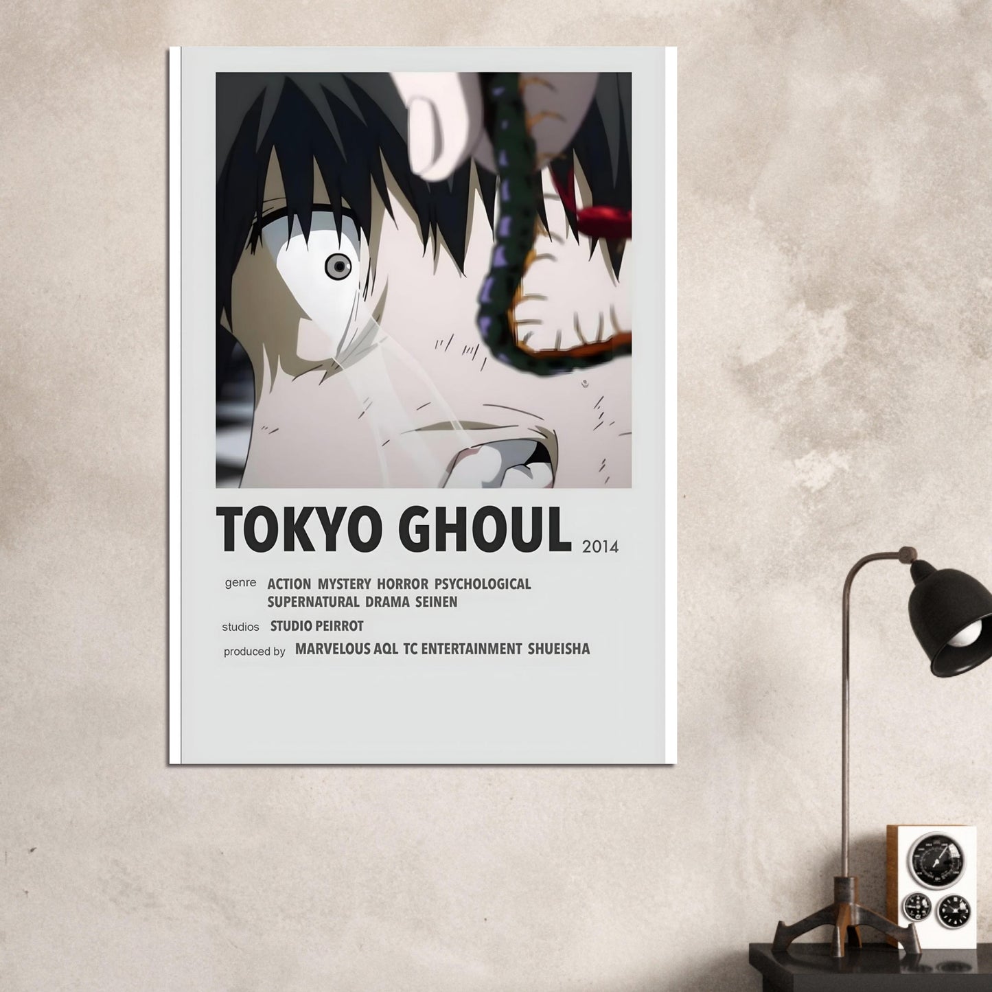 Tokyo Ghoul minimalist poster wall art featuring striking black and white design, perfect for anime enthusiasts and collectors.