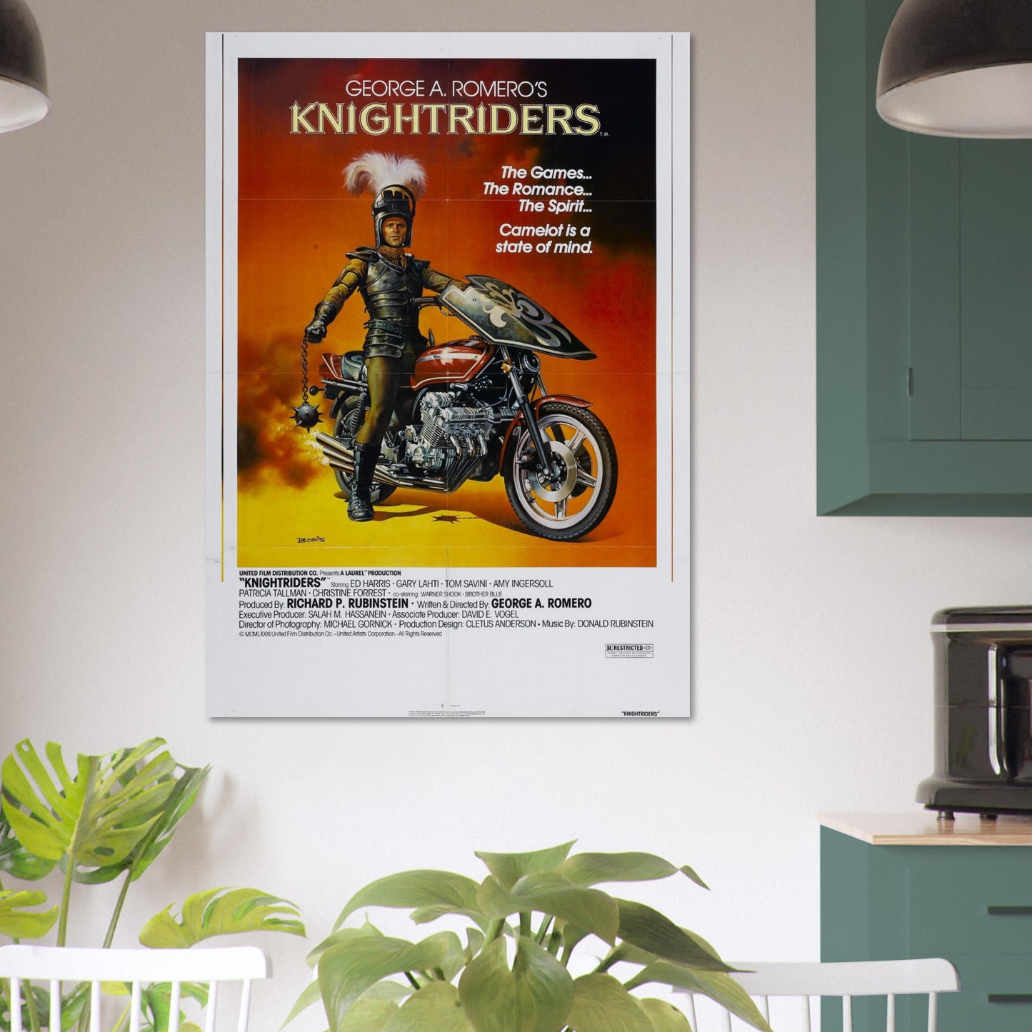 Knightriders vintage movie poster art featuring a motorcycle knight in armor with a sunset background, ideal for collectors.