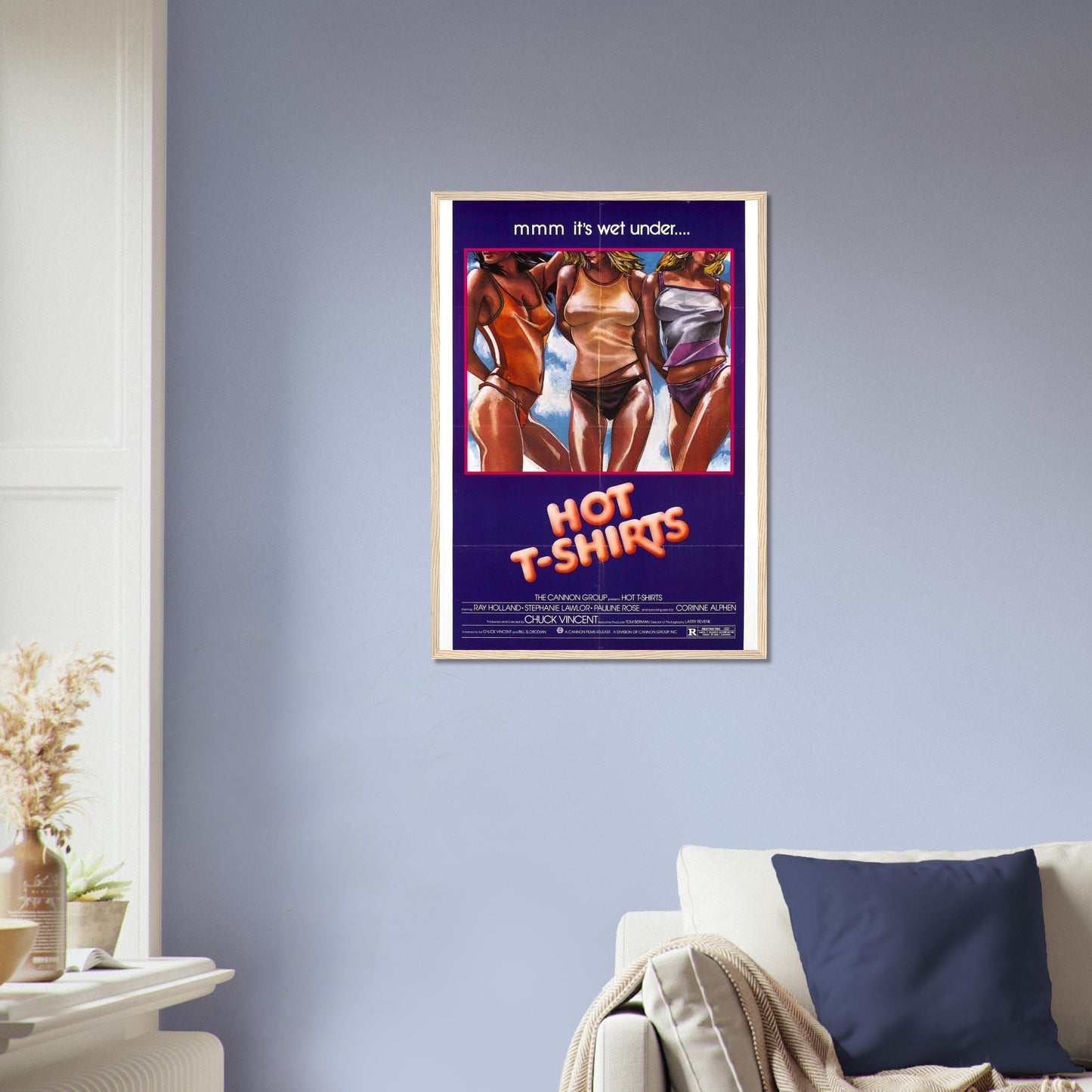 Framed retro movie poster titled 'Hot T-Shirts' featuring vibrant 80s summer film art in a colorful design.
