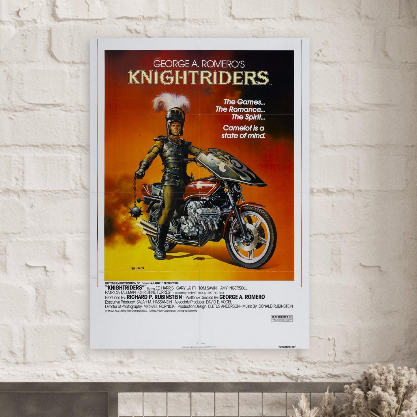 Knightriders vintage movie poster featuring a motorcycle knight, retro design, and vibrant colors - perfect for movie and band poster lovers.