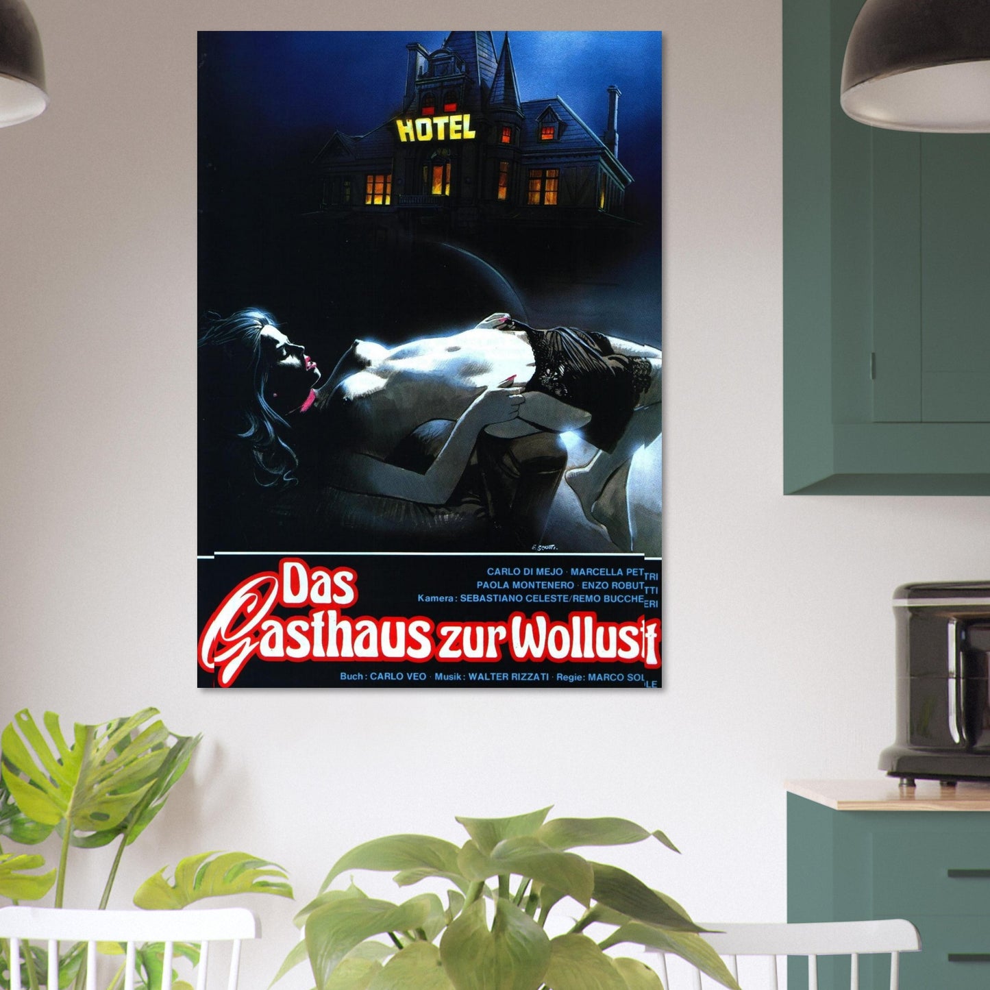 Vintage horror movie poster featuring a Gothic hotel under dark skies, perfect for movie lovers and framed poster enthusiasts.