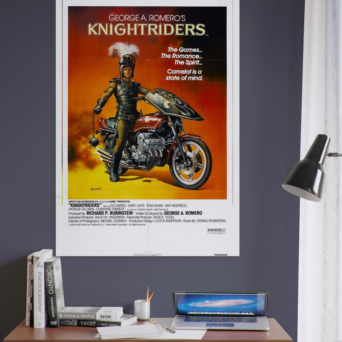 Knightriders vintage movie poster featuring a knight on a motorcycle, vibrant colors, and dynamic 1980s film art style.