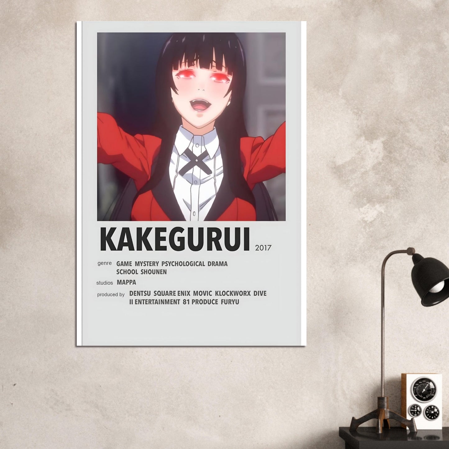 Kakegurui minimalist movie poster featuring main character in red school uniform, ideal for anime lovers and collectors.