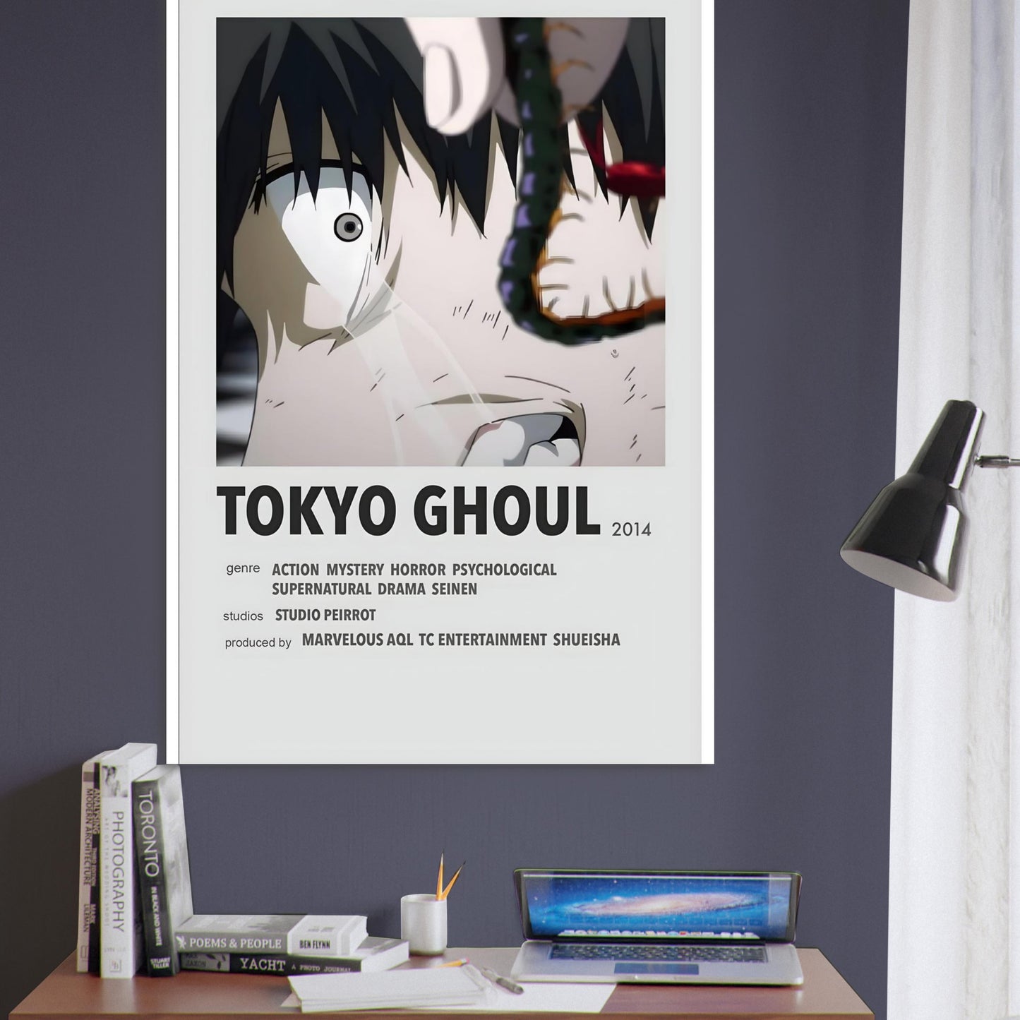 Tokyo Ghoul minimalist poster wall art featuring bold black and white design, perfect for anime enthusiasts and collectors.