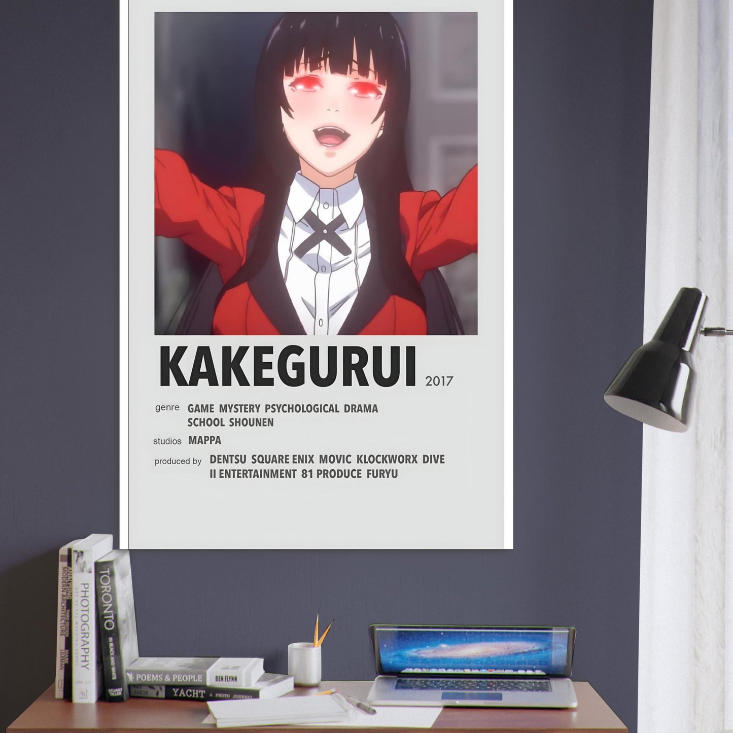 Kakegurui anime poster featuring protagonist with red blazer, minimalist design, dramatic colors, perfect for collectors.