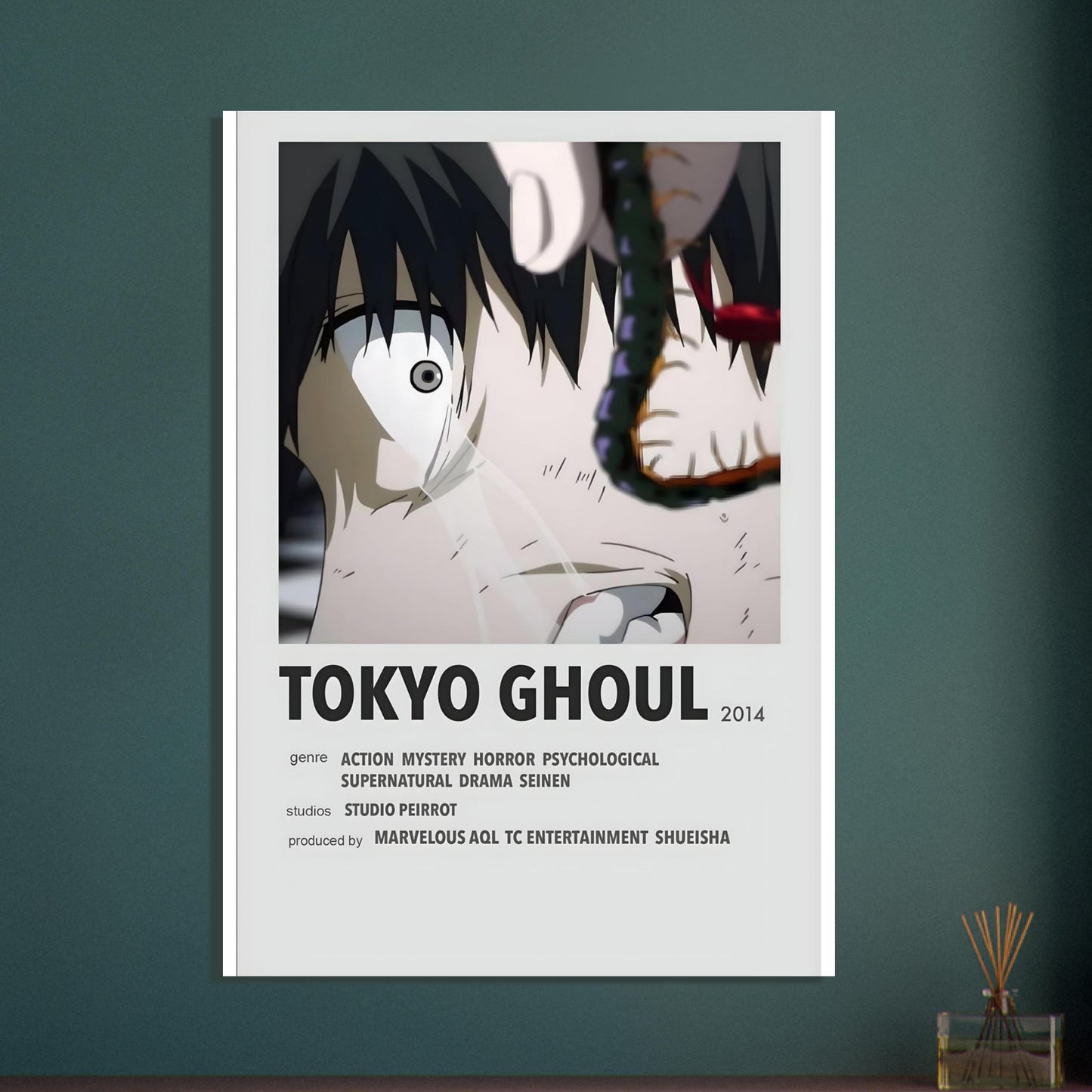 Minimalist Tokyo Ghoul anime poster with dramatic black and white design, perfect for movie and band poster enthusiasts.