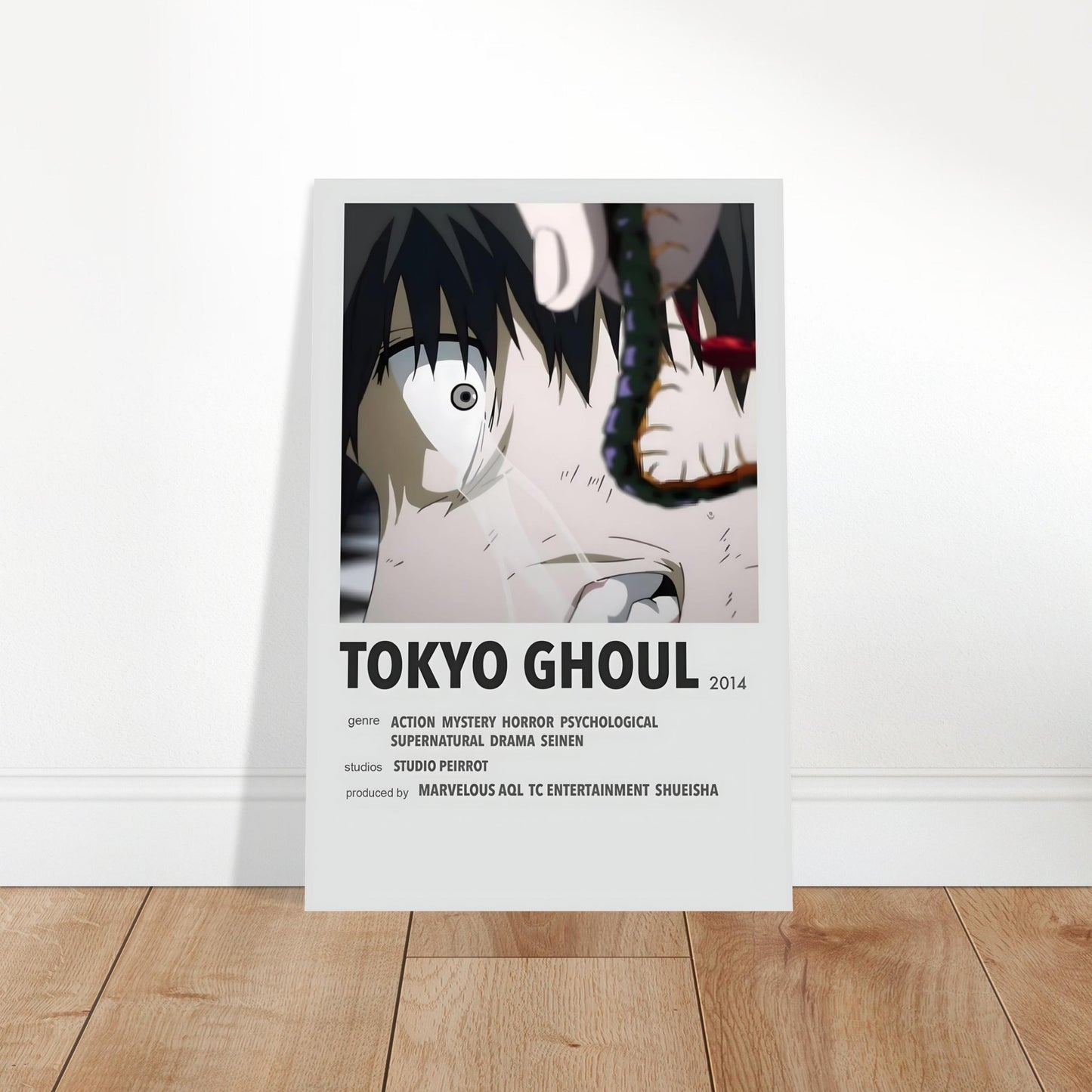 Tokyo Ghoul minimalist anime poster featuring dramatic black and white art, perfect for collectors and framed poster displays.