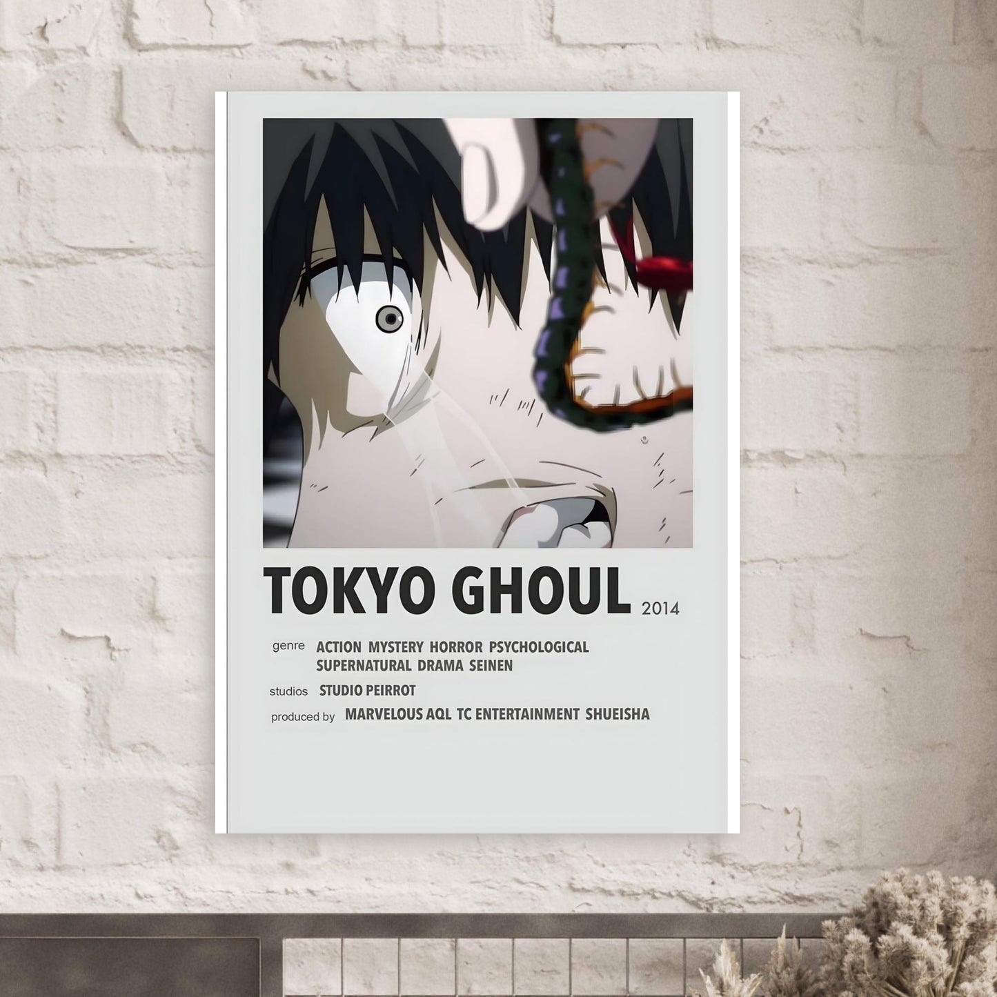 Minimalist Tokyo Ghoul anime poster featuring dramatic black and white design, ideal for movie and band poster collectors.