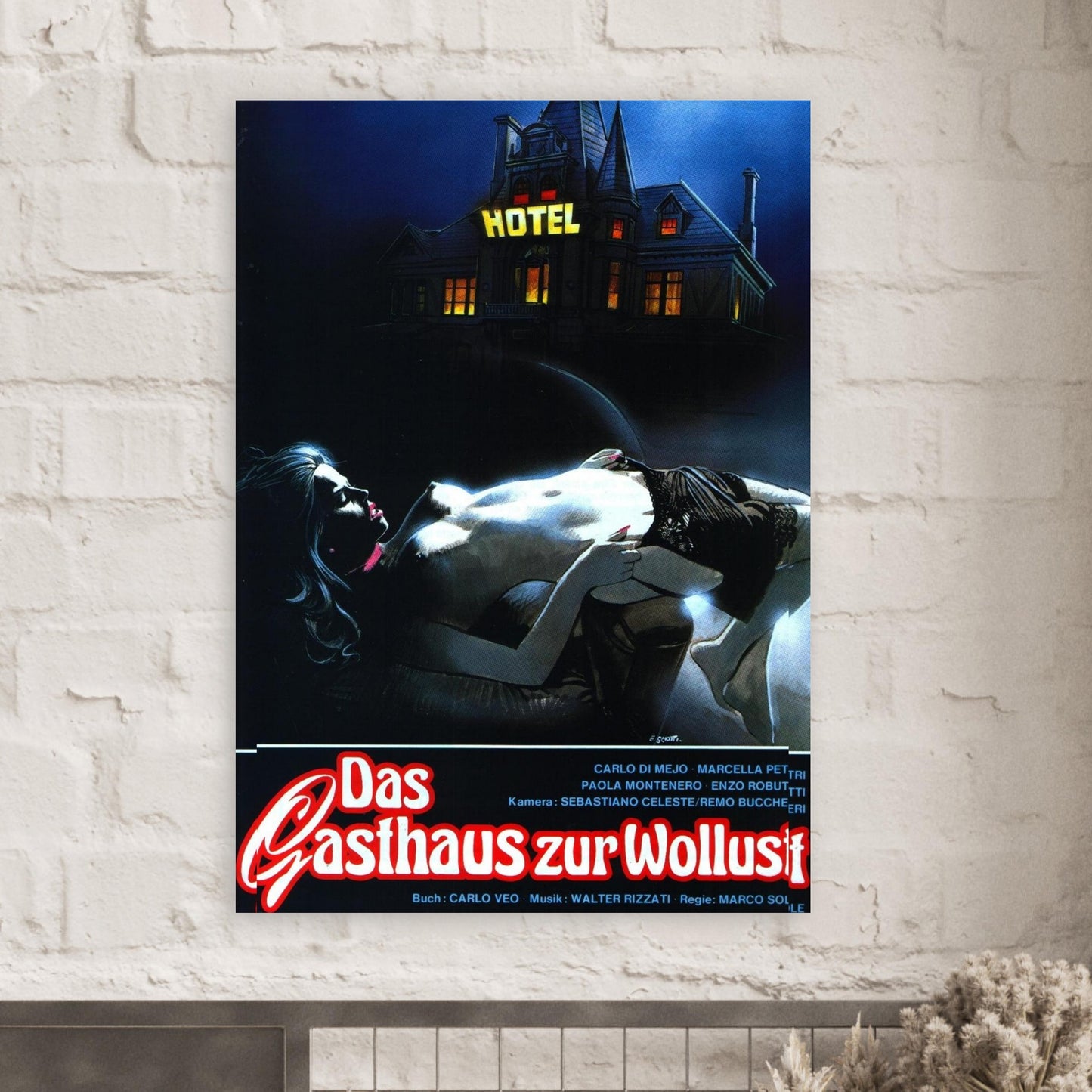 Vintage horror movie poster of a Gothic hotel at night, featuring dramatic lighting and eerie atmosphere for classic cinema fans.