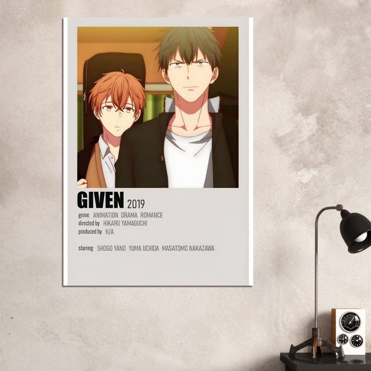 Given anime series movie poster print featuring main characters with a minimalist design and warm background.