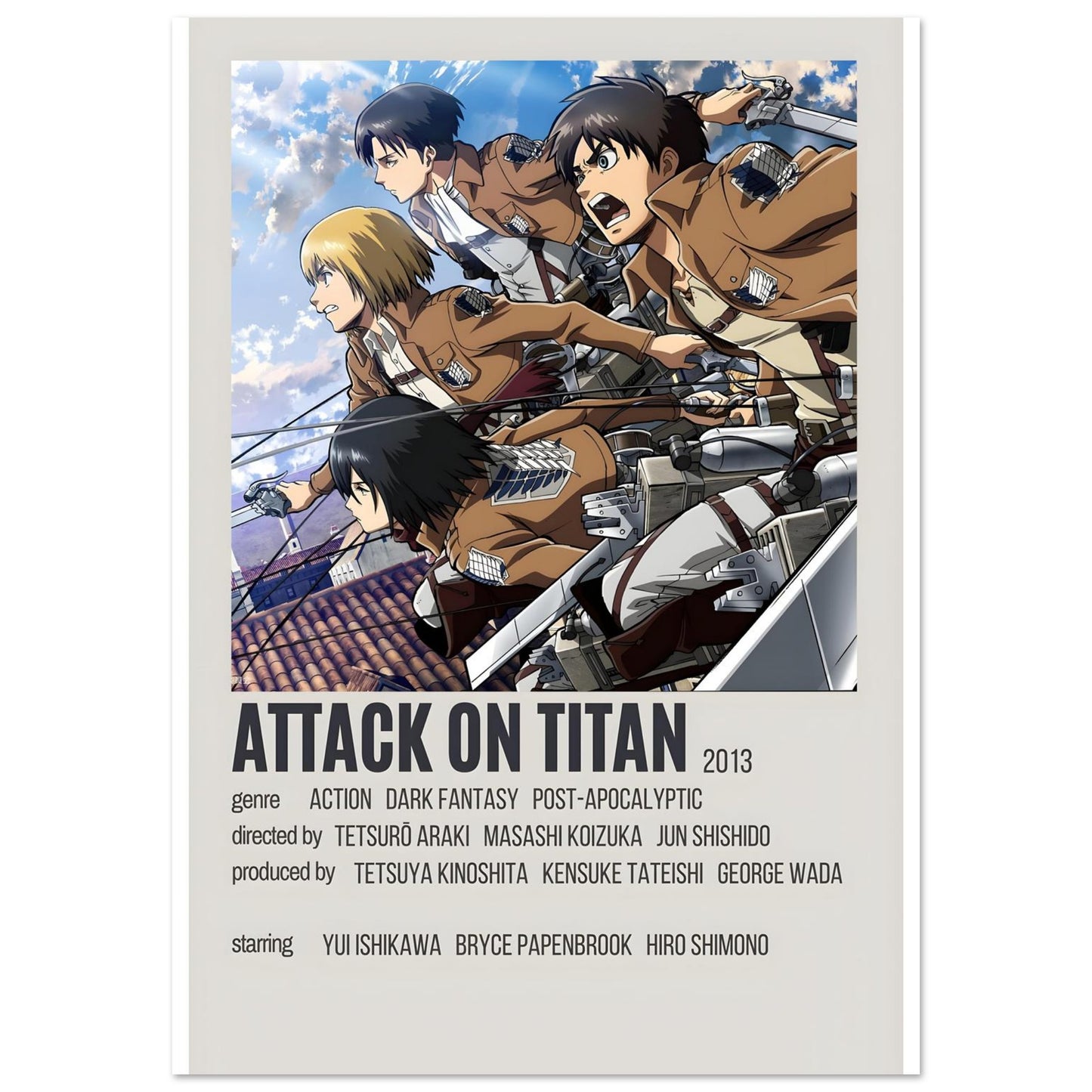Attack on Titan anime poster showcasing Scout Regiment in dynamic action with vibrant colors and intense motion.