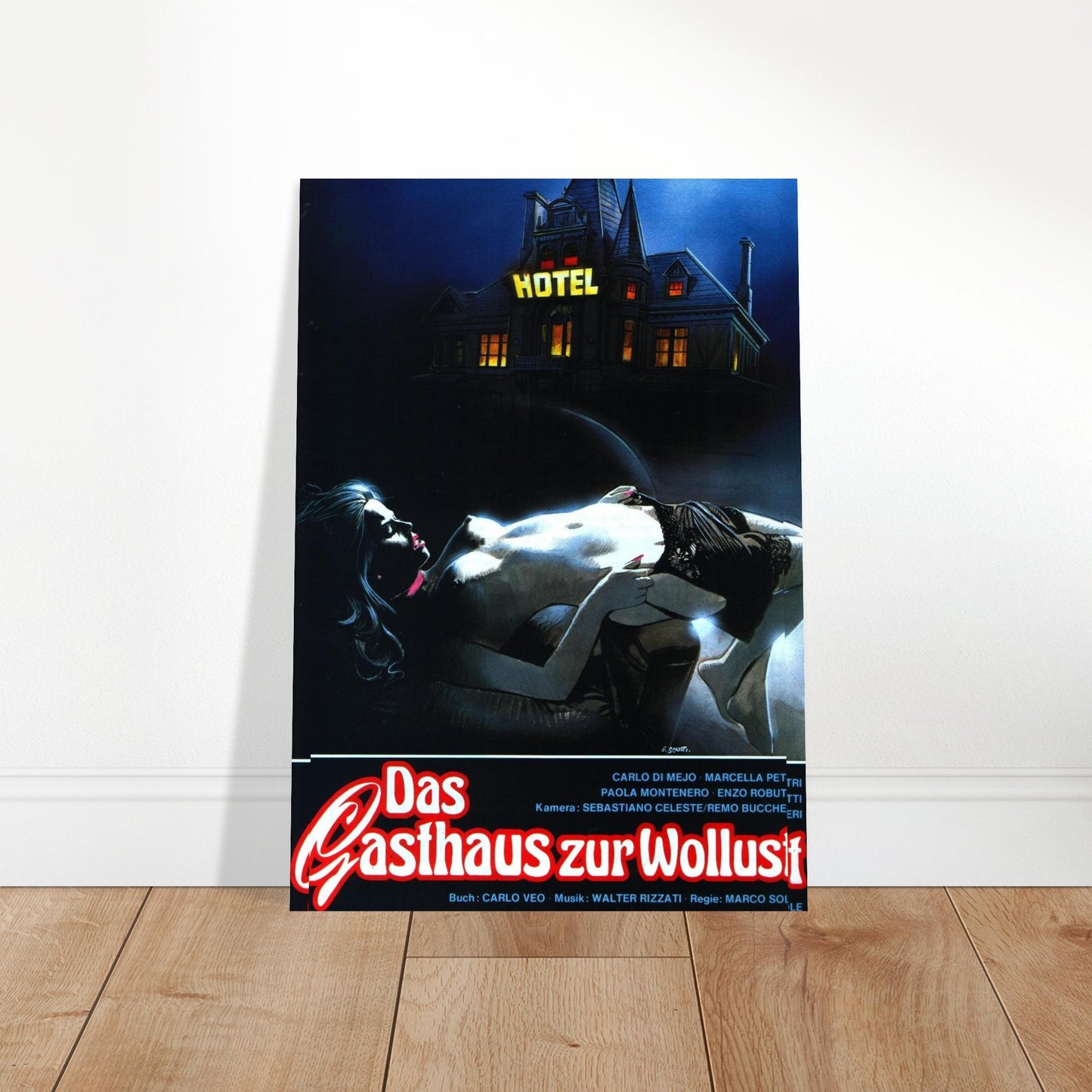 Vintage horror movie poster featuring a Gothic hotel against a dark night sky. Ideal for movie posters and themed decor.