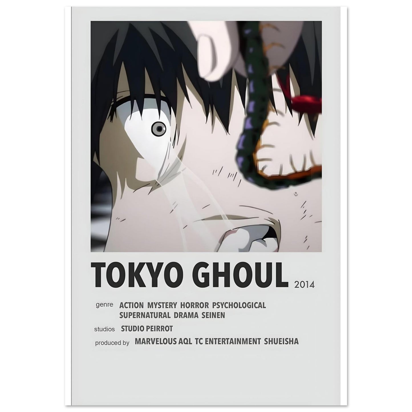 Tokyo Ghoul minimalist poster featuring striking design, perfect for anime collectors and framed poster decor.