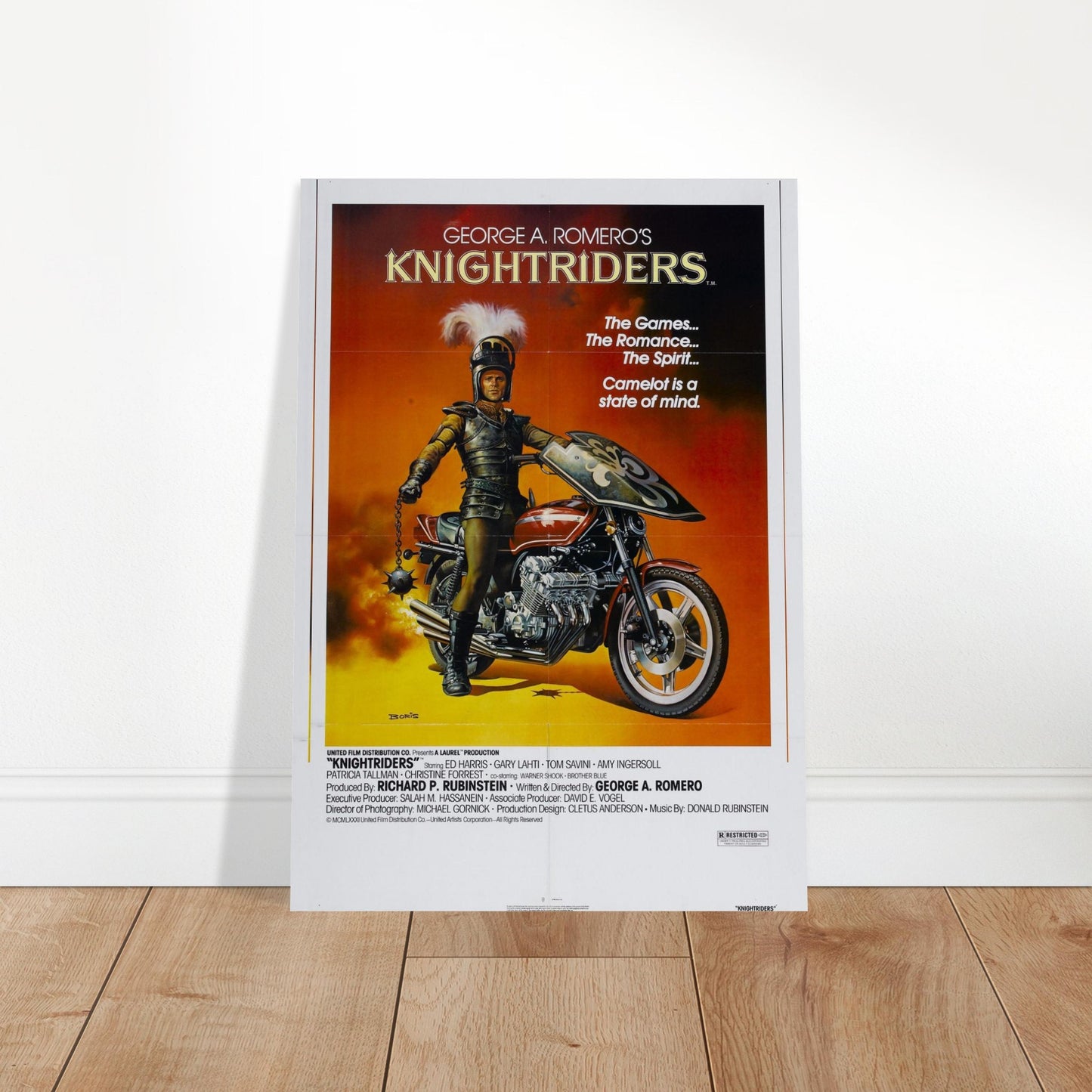 Knightriders vintage movie poster featuring a knight on a motorcycle with vibrant orange background, perfect for B-grade movie lovers.