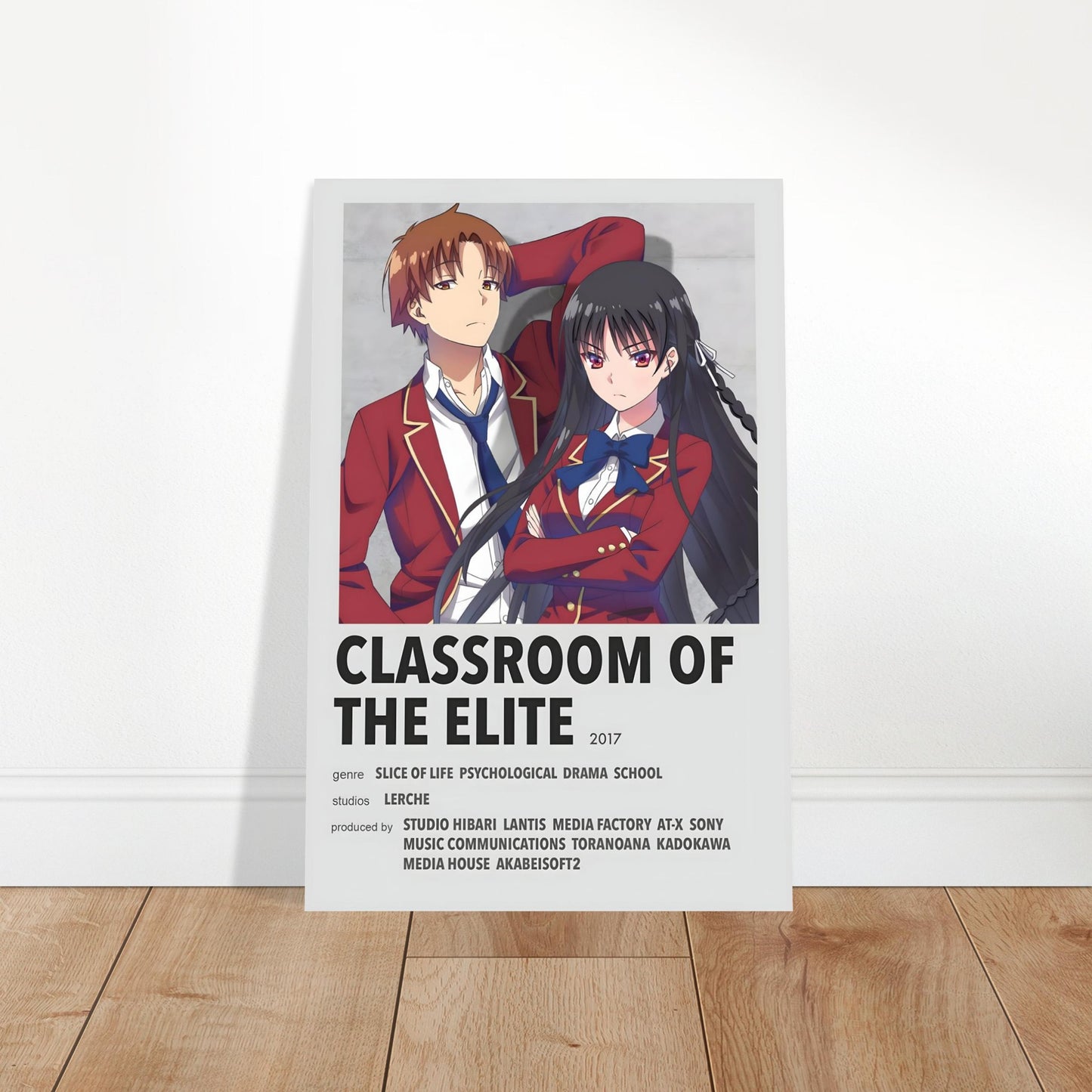 Classroom of the Elite anime poster featuring main characters in red uniforms with minimalist design and modern aesthetic.
