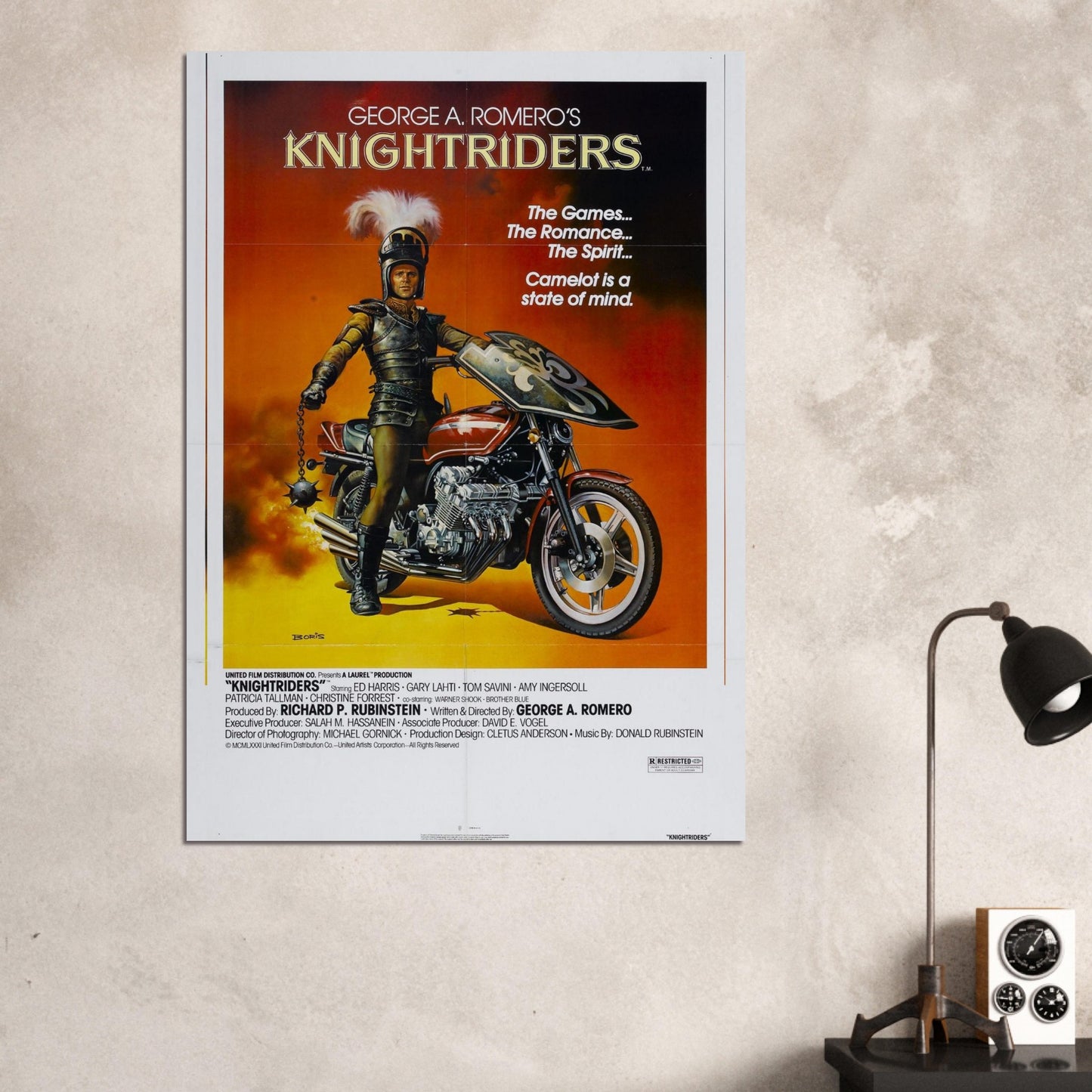 Knightriders vintage movie poster featuring a motorcycle knight against a fiery backdrop. Classic 1980s movie art.