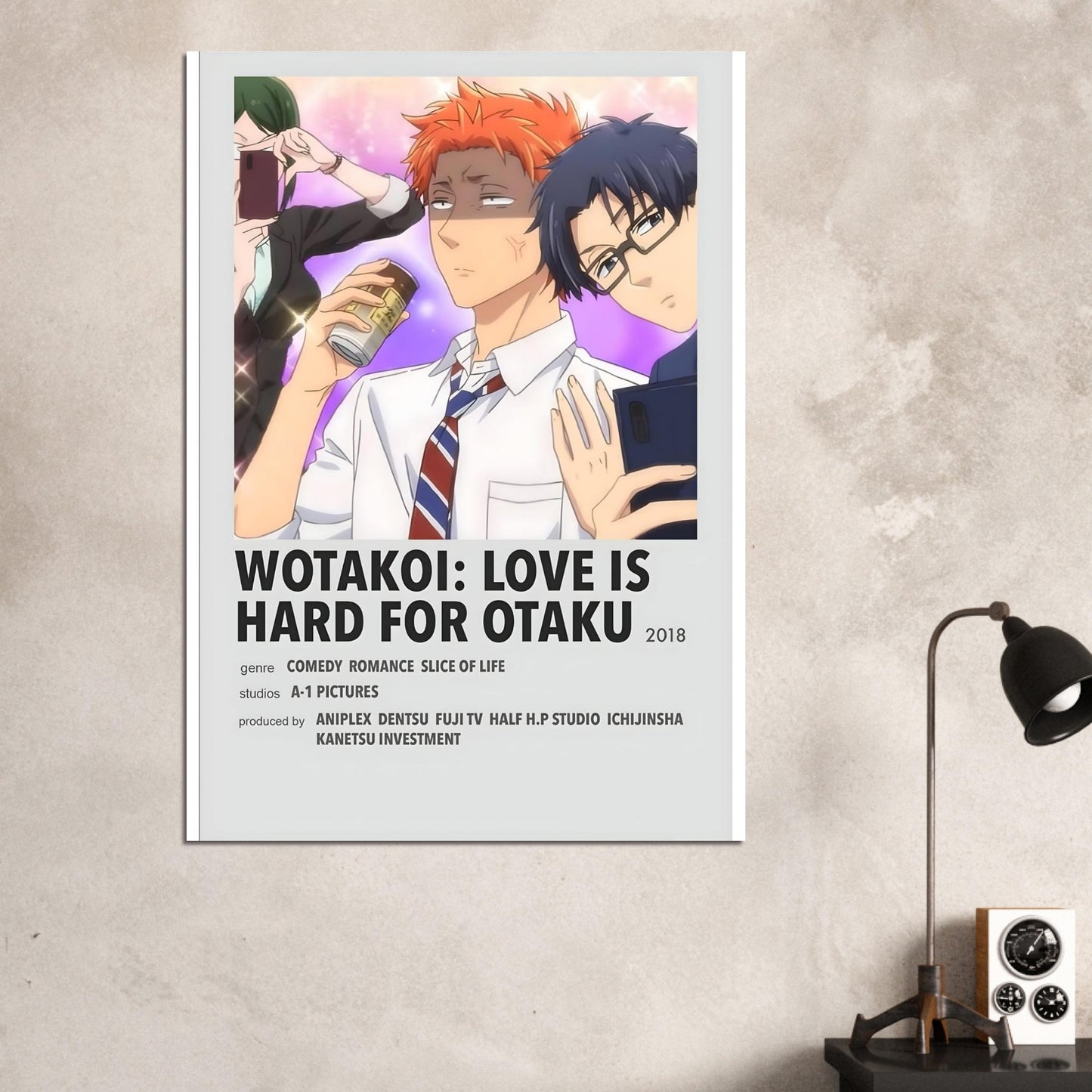 Wotakoi anime series art poster featuring characters in school uniforms, perfect for anime enthusiasts and wall decor.
