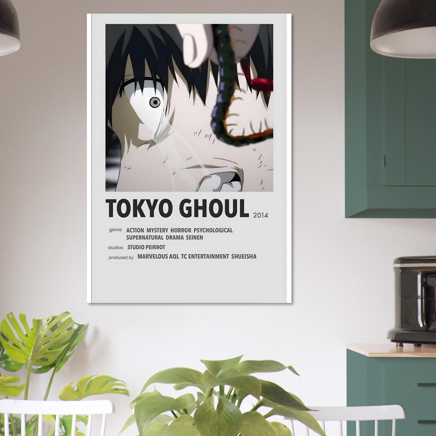 Tokyo Ghoul minimalist poster art featuring genre details and striking black and white design for anime lovers.