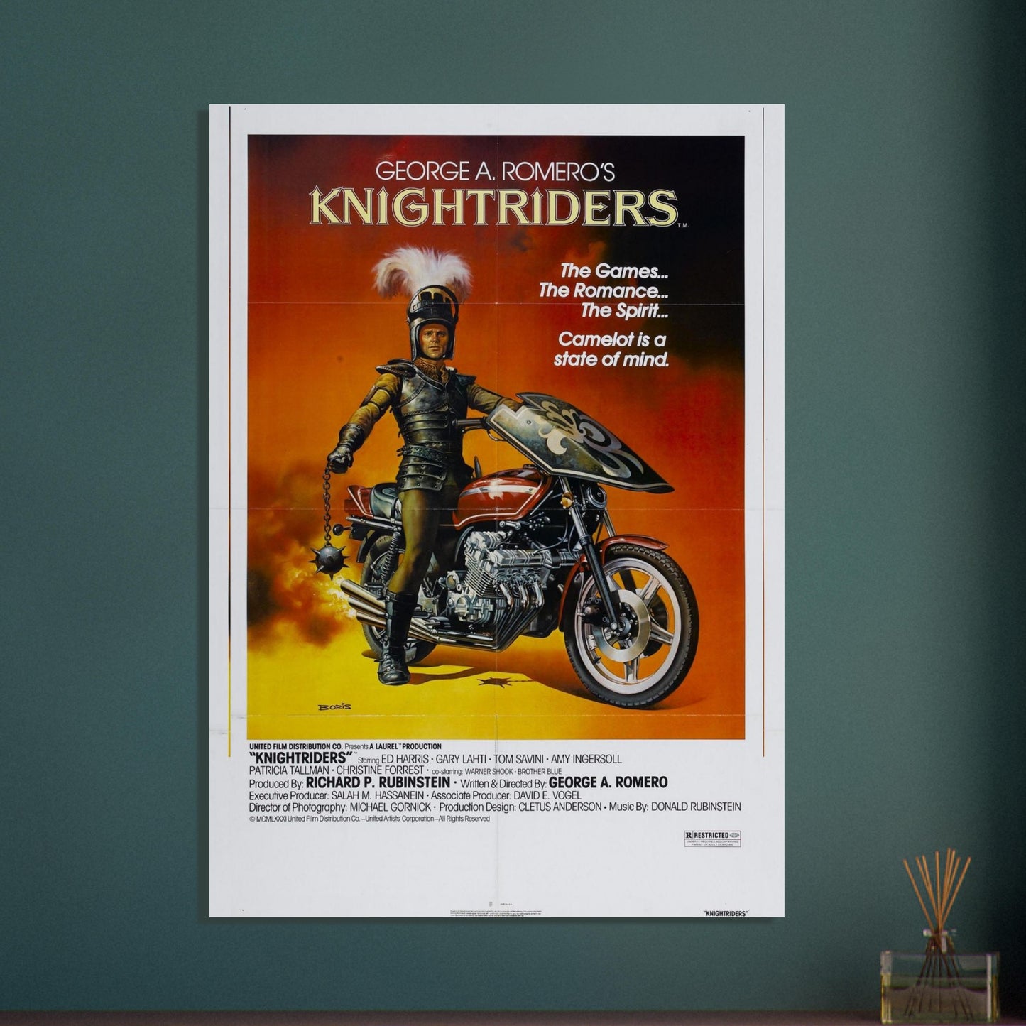 Knightriders vintage movie poster showcasing a motorcycle knight against a sunset, perfect for movie and band poster collections.
