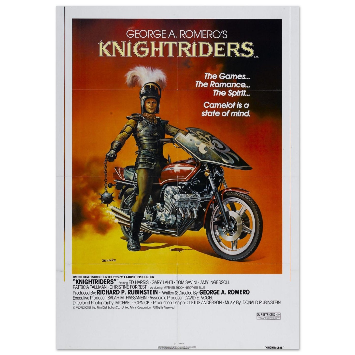 Knightriders vintage movie poster featuring a knight on a motorcycle against a sunset, ideal for movie and band poster collections.