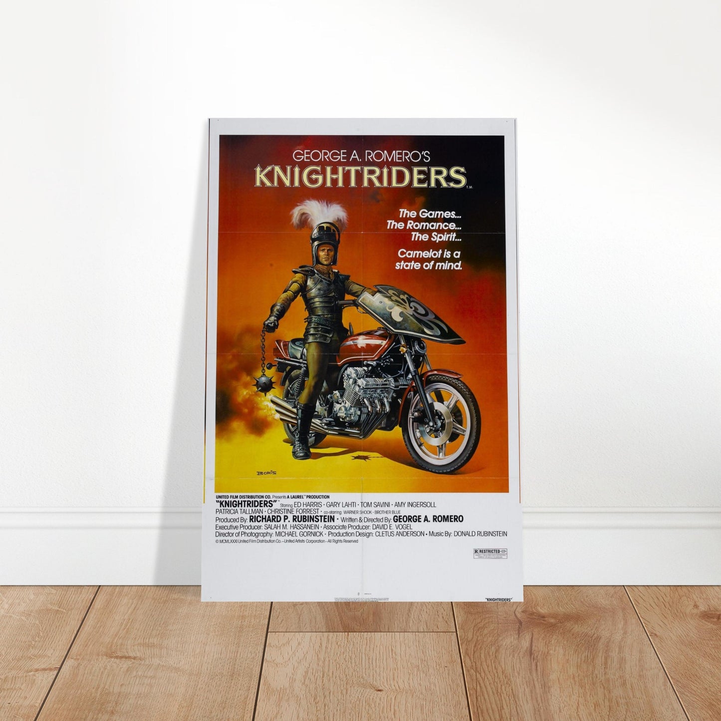 Knightriders vintage movie poster featuring a motorcycle knight against a fiery sunset. Perfect for B grade movie poster enthusiasts.