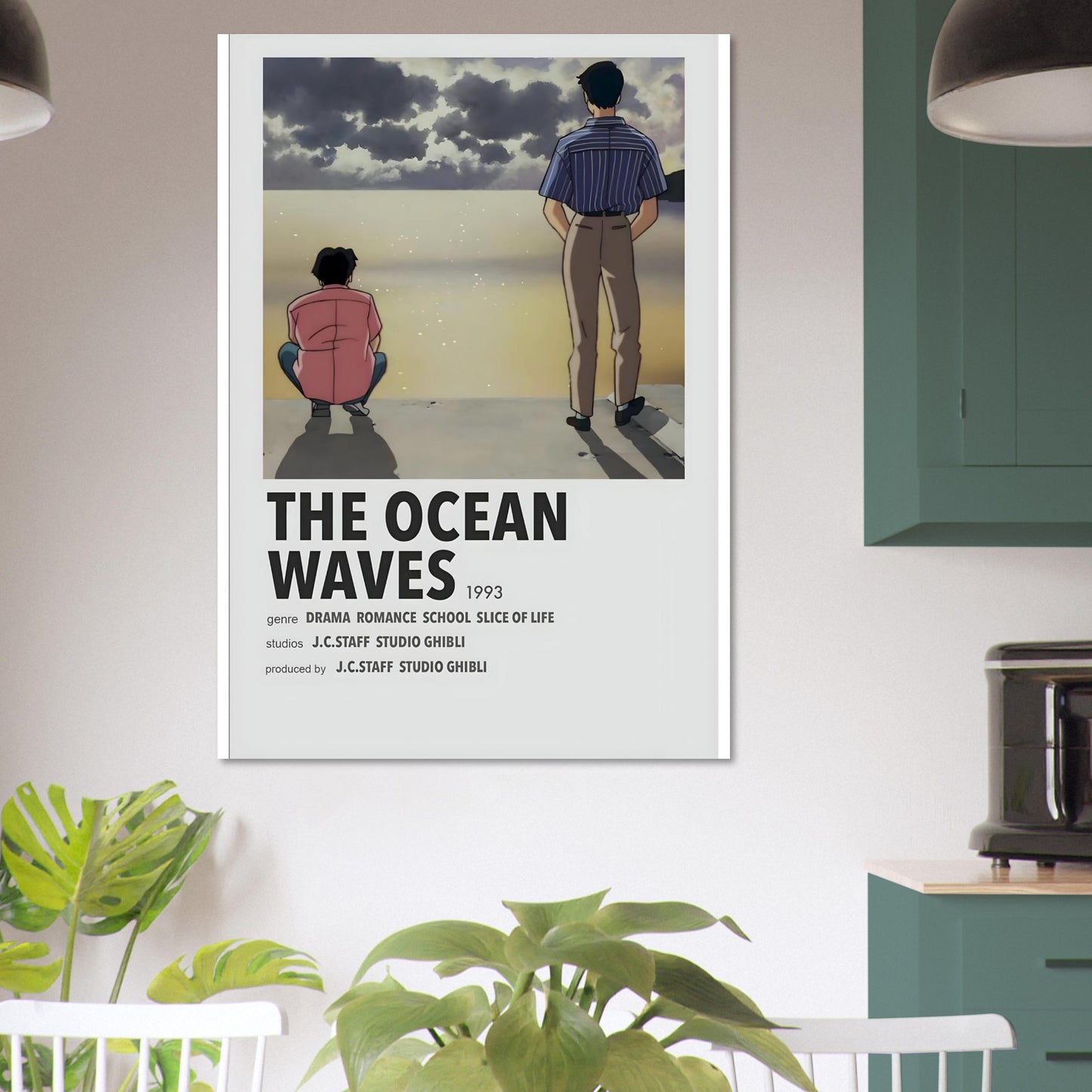 Minimalist Ocean Waves anime movie poster, featuring serene seaside scene and classic typography, perfect for home decor.