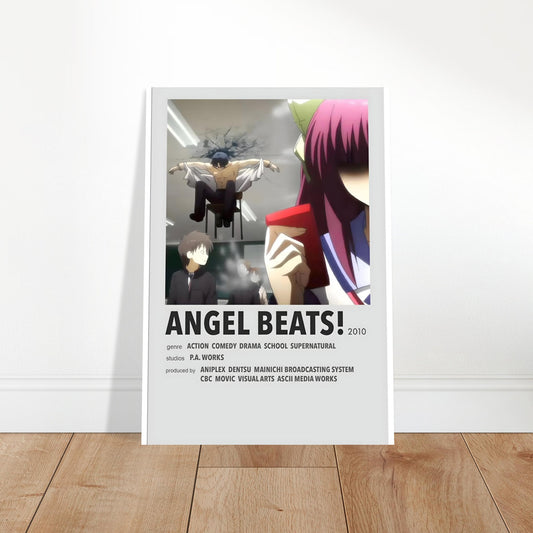 Minimalist Angel Beats poster featuring characters in a school setting, perfect for anime and movie poster collections.
