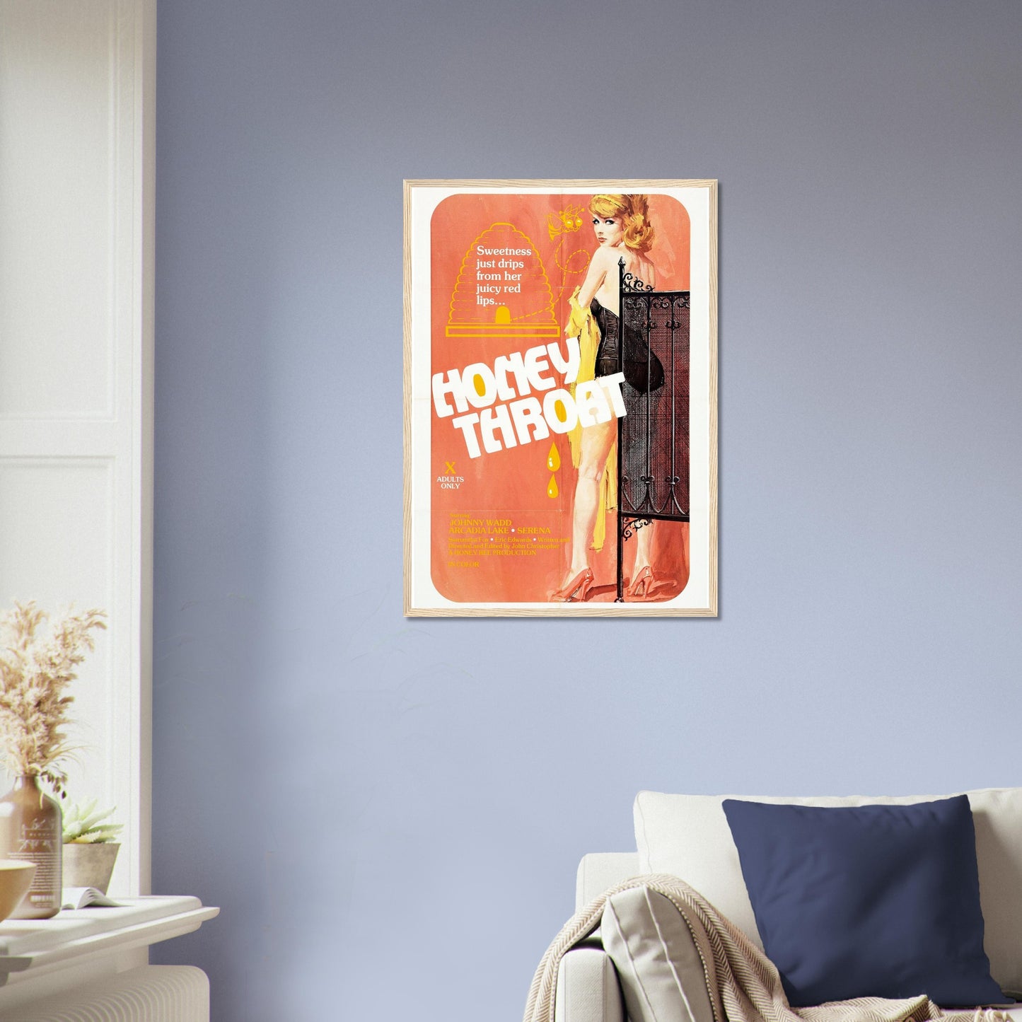 Framed poster of 'Honey Throat' showcasing bold colors, perfect for movie and band poster collectors.