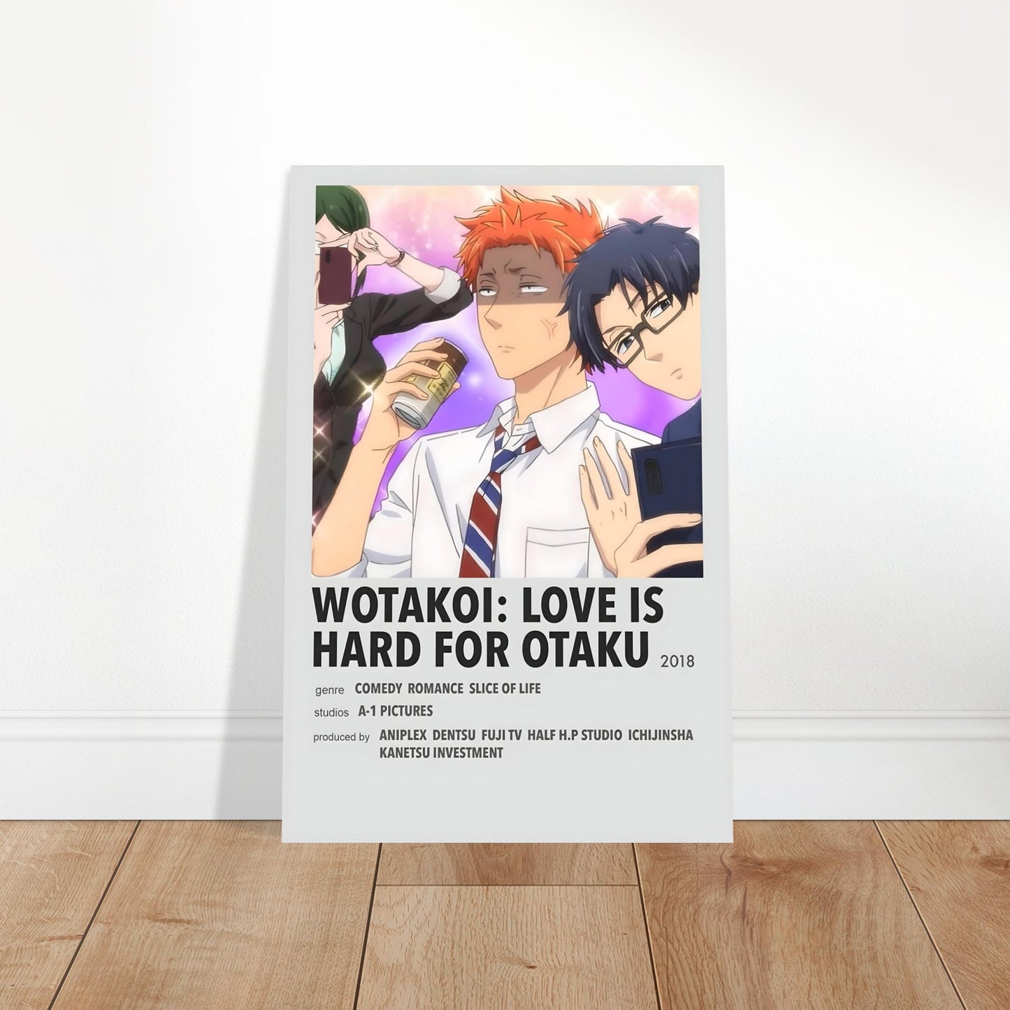 Wotakoi anime series art poster showcasing characters in school uniforms on a pink-purple gradient background.
