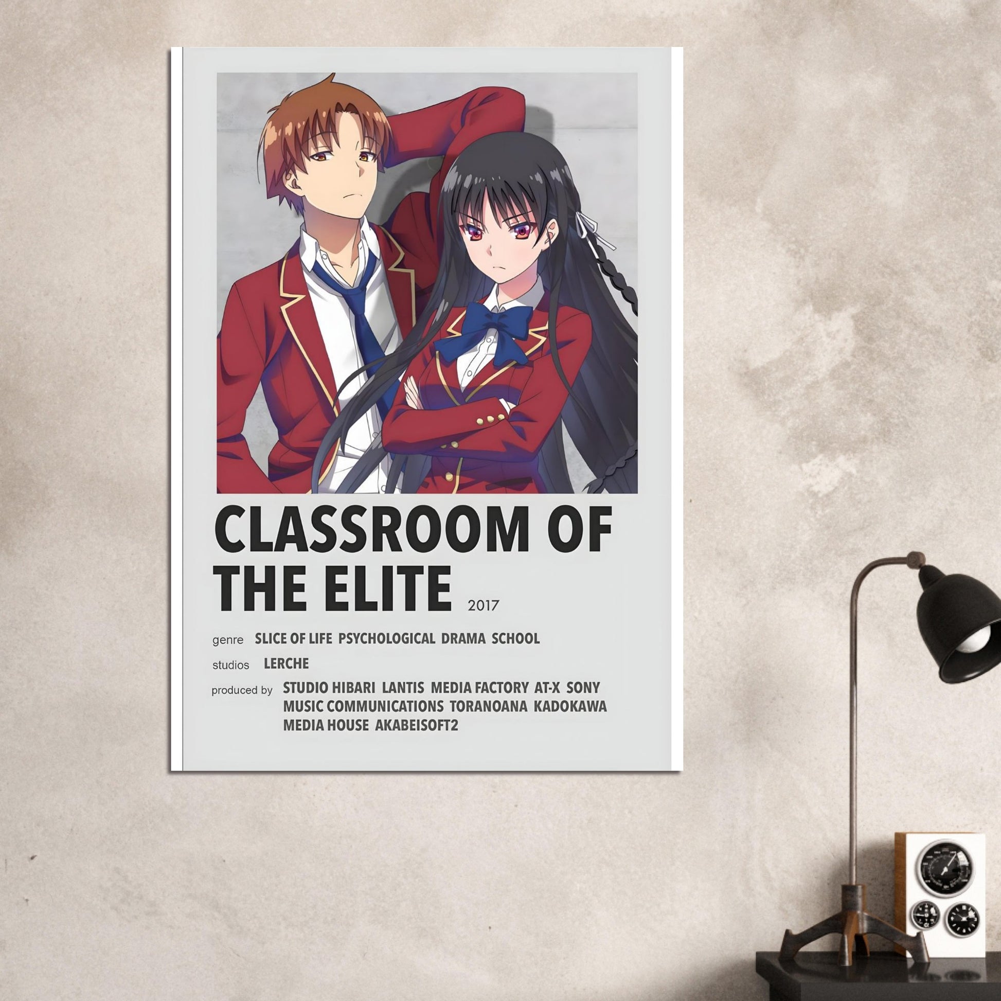 Classroom of the Elite anime poster with main characters in red uniforms, modern minimalist design for anime fans.