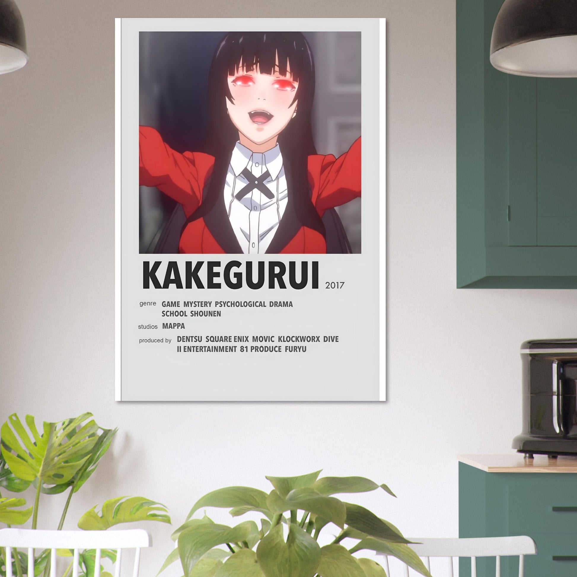 Kakegurui anime minimalist movie poster print featuring intense protagonist in red blazer, ideal for movie and band poster collectors.