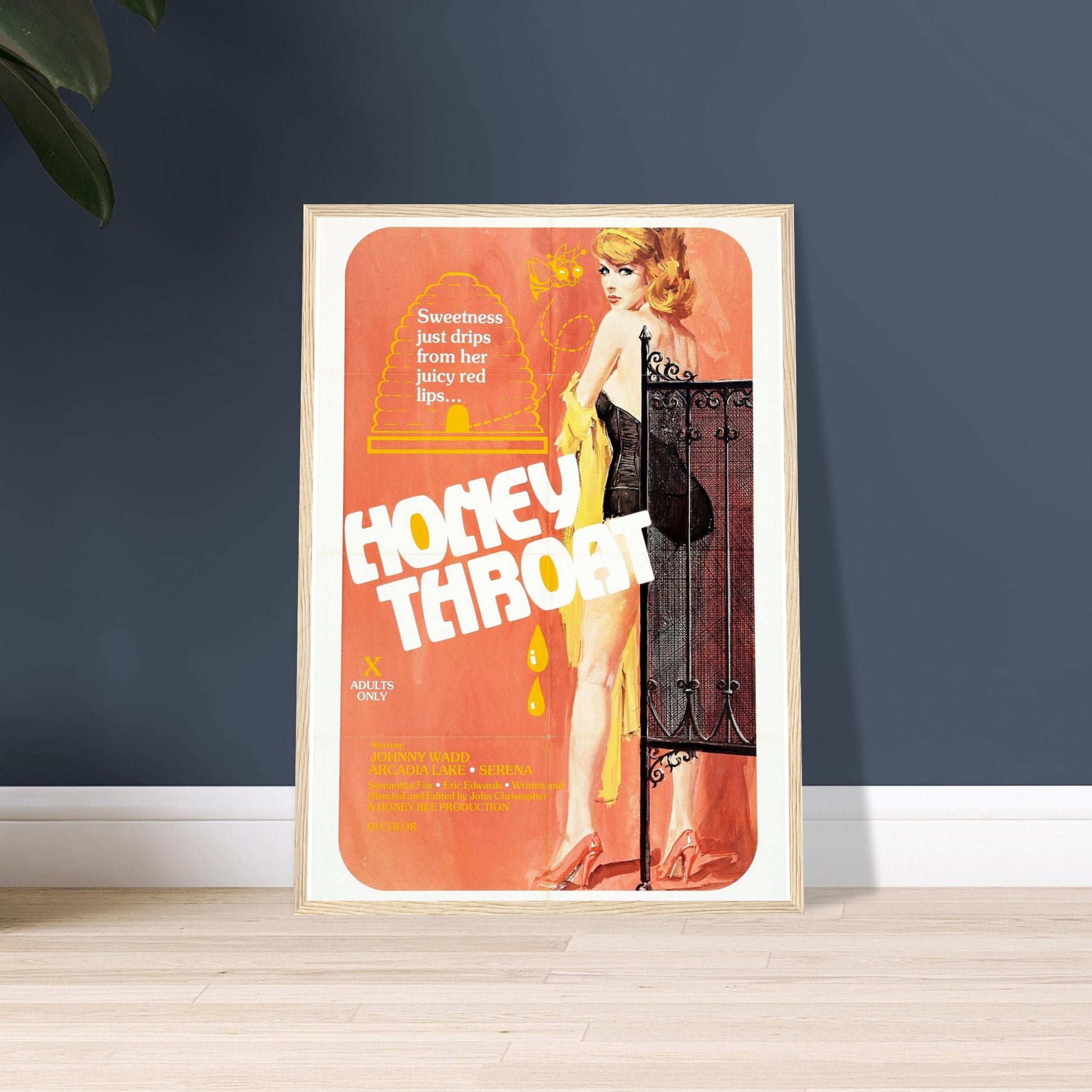Framed Honey Throat movie poster featuring vibrant artwork, perfect for decor or collection of B grade movie posters.