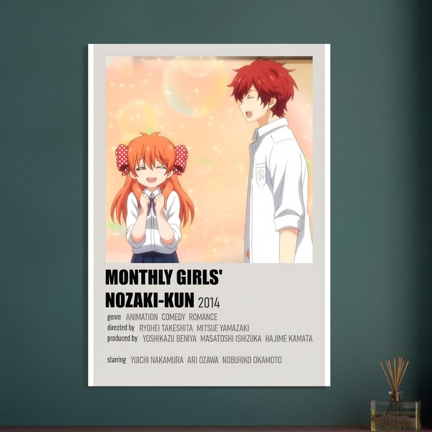 Monthly Girls' Nozaki-kun anime art poster showcasing a romantic comedy scene with vibrant colors and a school setting.