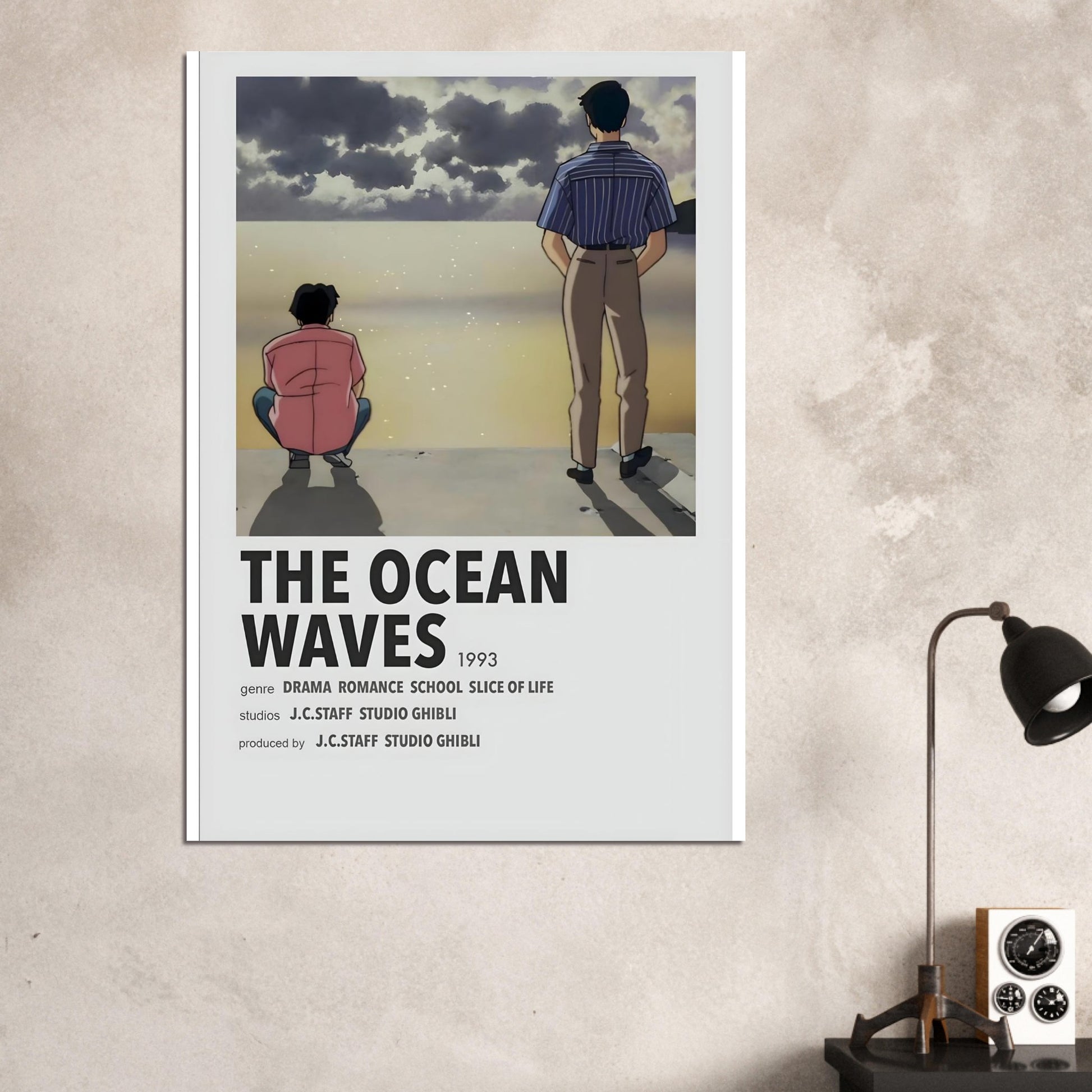 Minimalist 'The Ocean Waves' anime movie poster featuring serene seaside scene, perfect for framed wall art and decor.