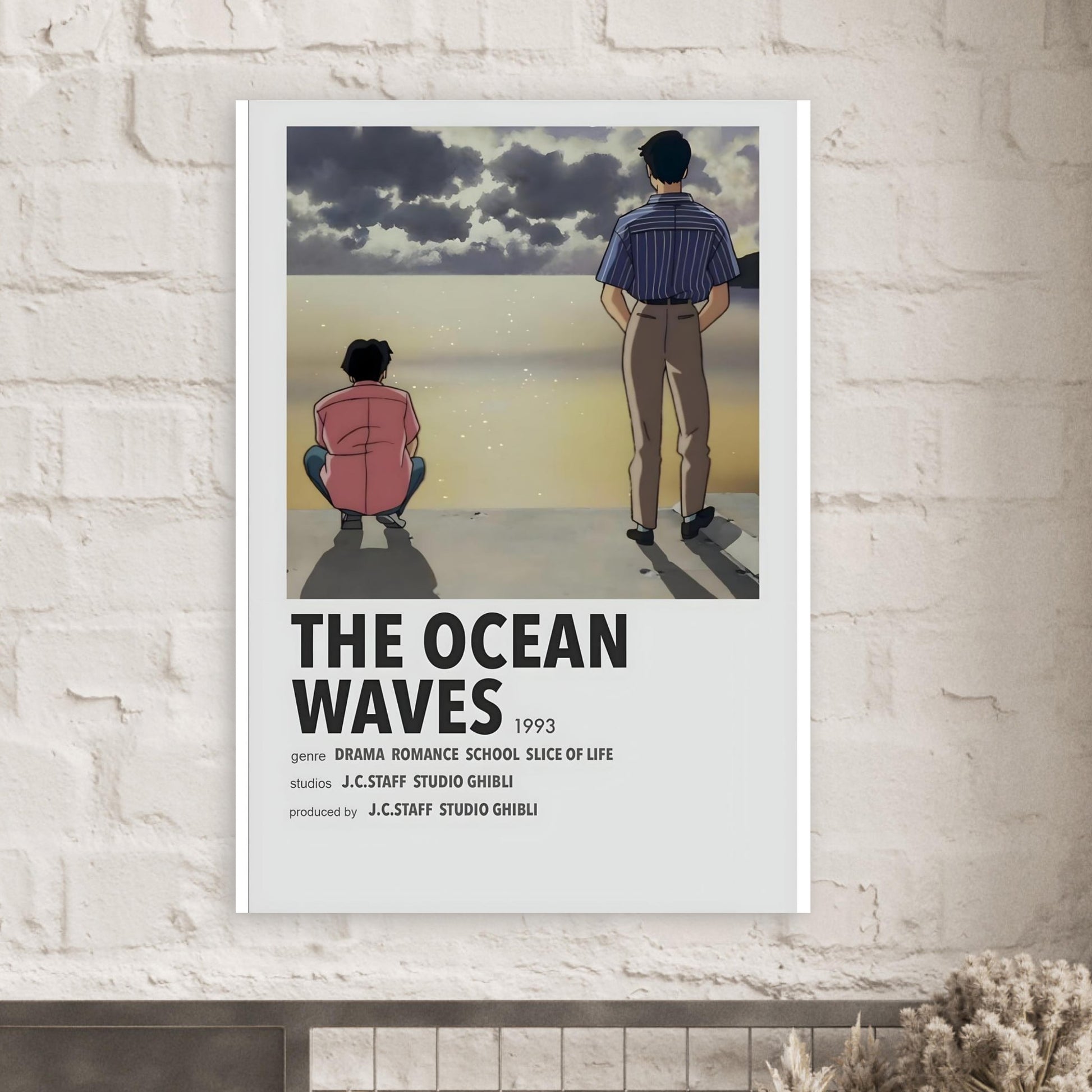 Minimalist movie poster of 'The Ocean Waves' by Studio Ghibli depicting two figures by the ocean, perfect for wall art.