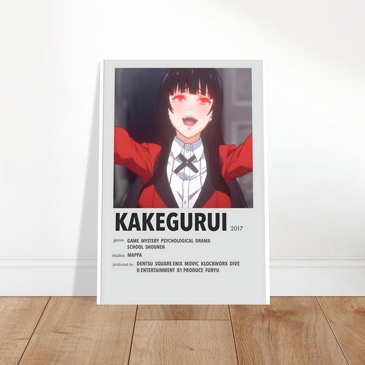 Kakegurui minimalist movie poster featuring protagonist in red and black, perfect for anime collectors and framed posters.