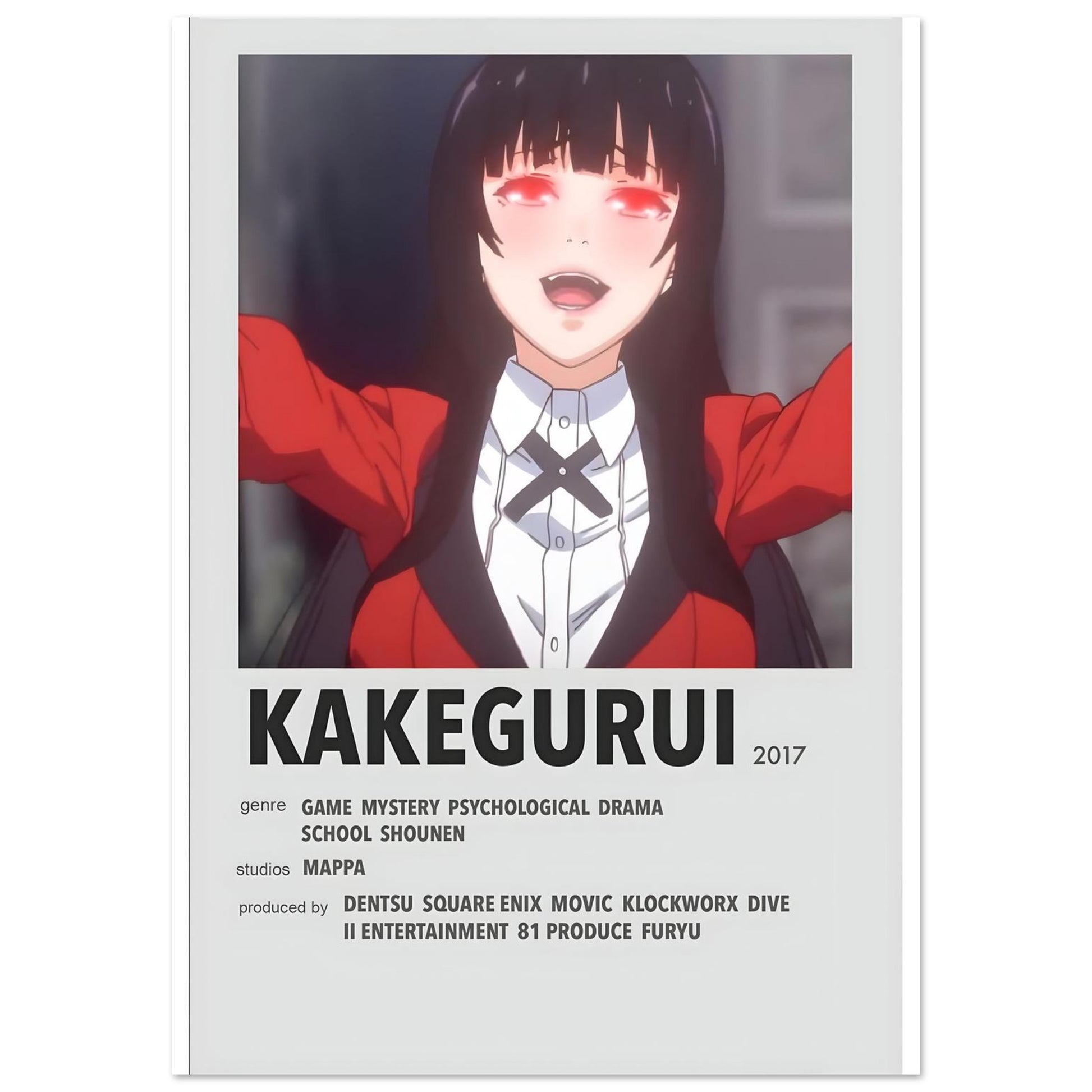 Kakegurui minimalist movie poster print featuring its intense protagonist in a red blazer, perfect for anime fans and collectors.