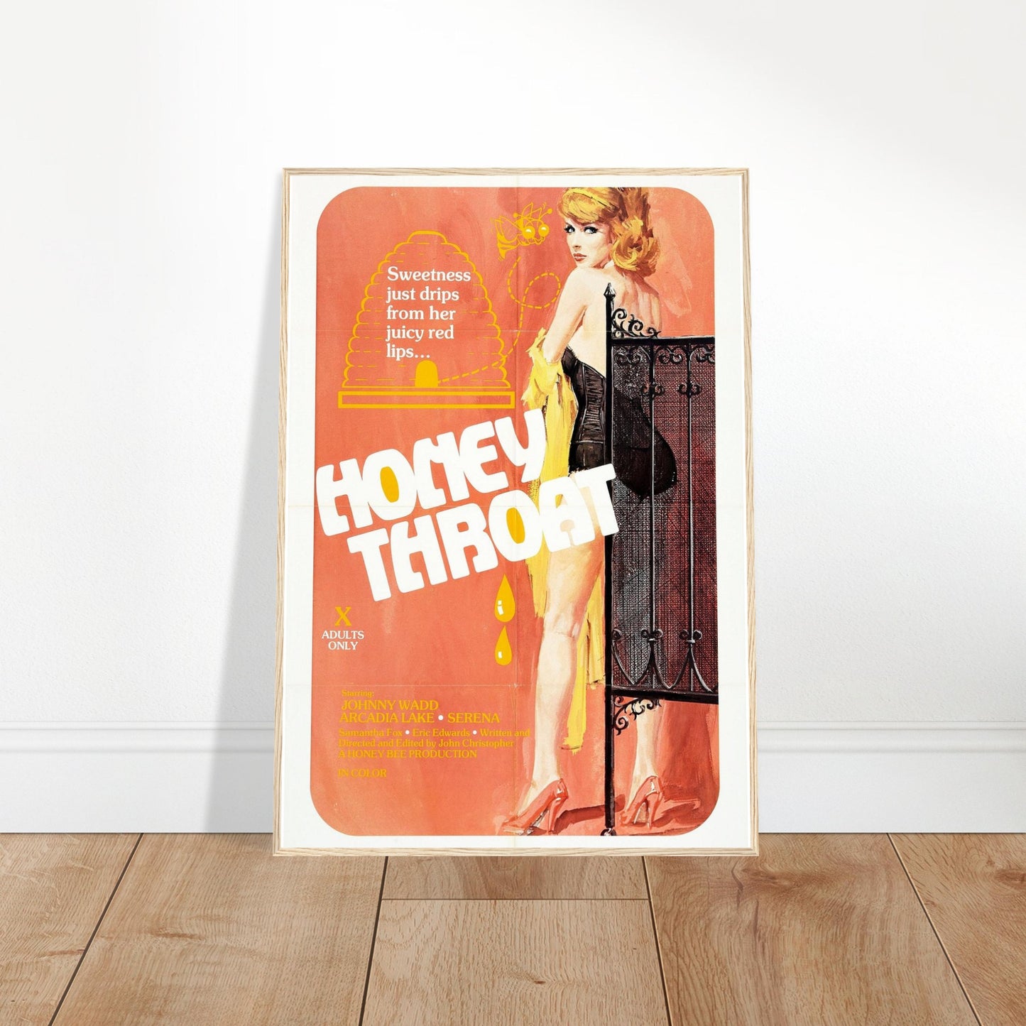 Framed Honey Throat movie poster featuring vibrant colors and retro design, perfect for home decor.
