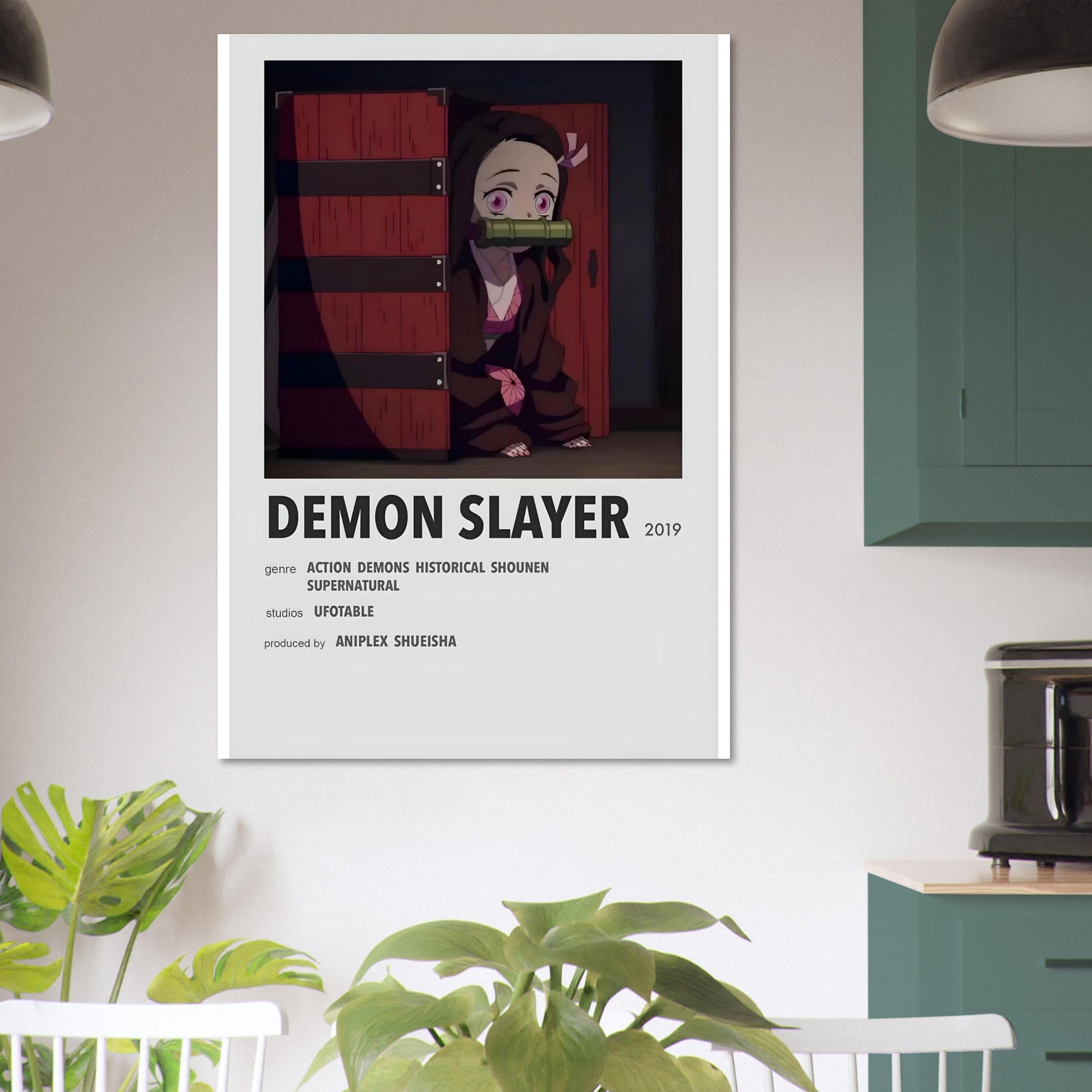 Minimalist Demon Slayer poster print featuring iconic scene, perfect for anime lovers and decor enthusiasts.