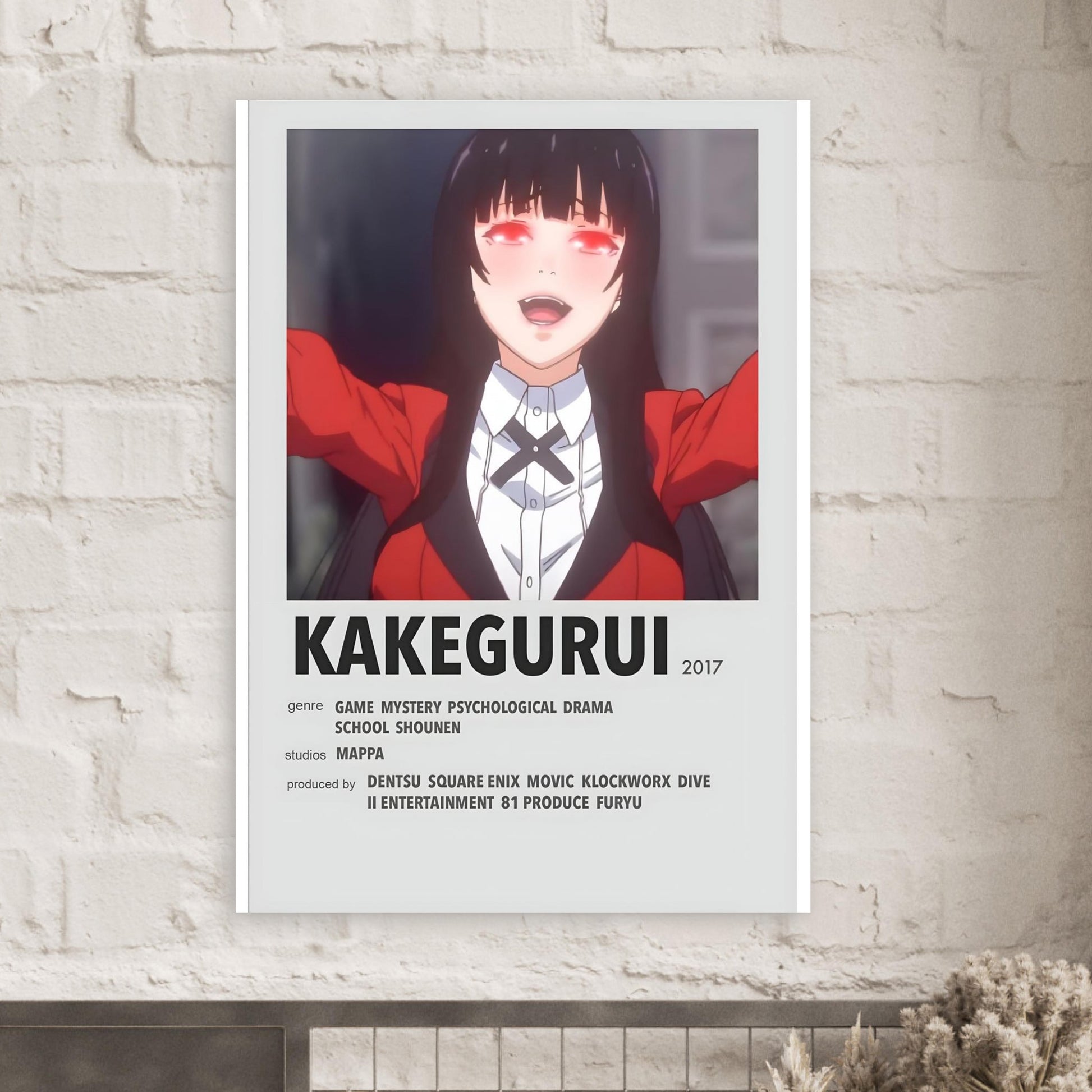 Minimalist Kakegurui anime poster print featuring protagonist in red blazer and clean typography, perfect for collectors.