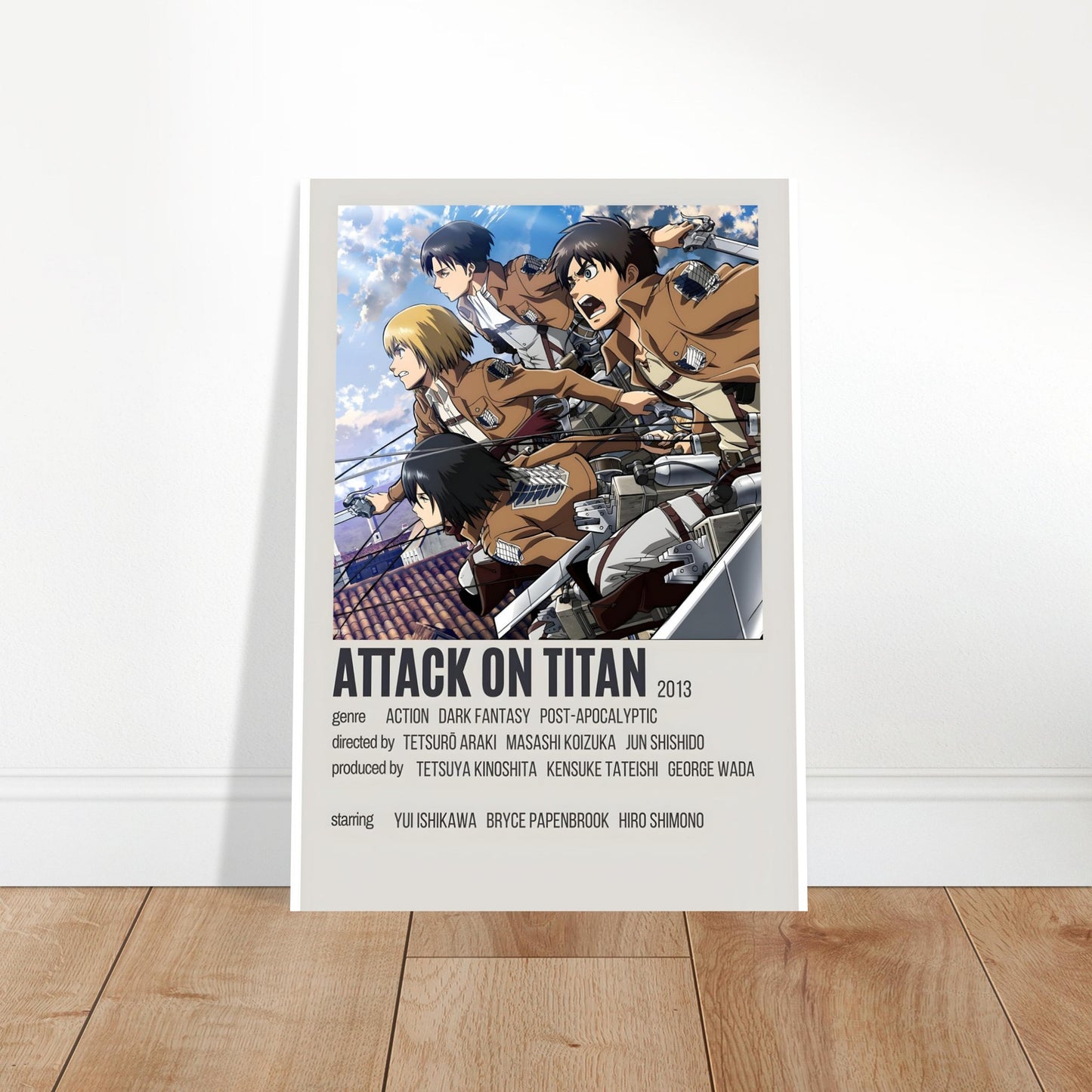Attack on Titan Scout Regiment action poster featuring dynamic anime artwork and dramatic characters in motion.