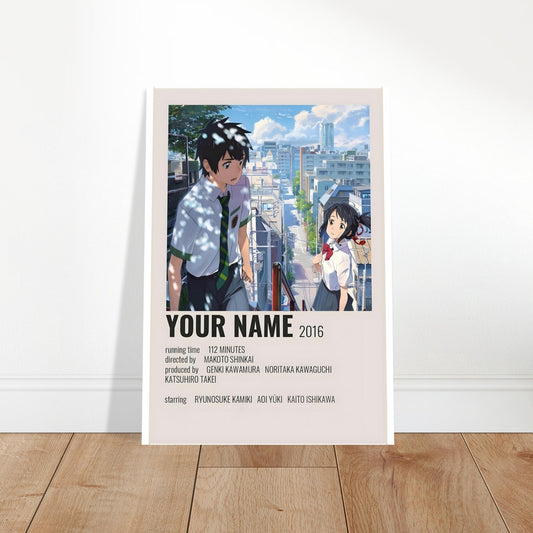 Minimalist poster of 'Your Name' anime film featuring iconic Tokyo scenery and character meeting details.
