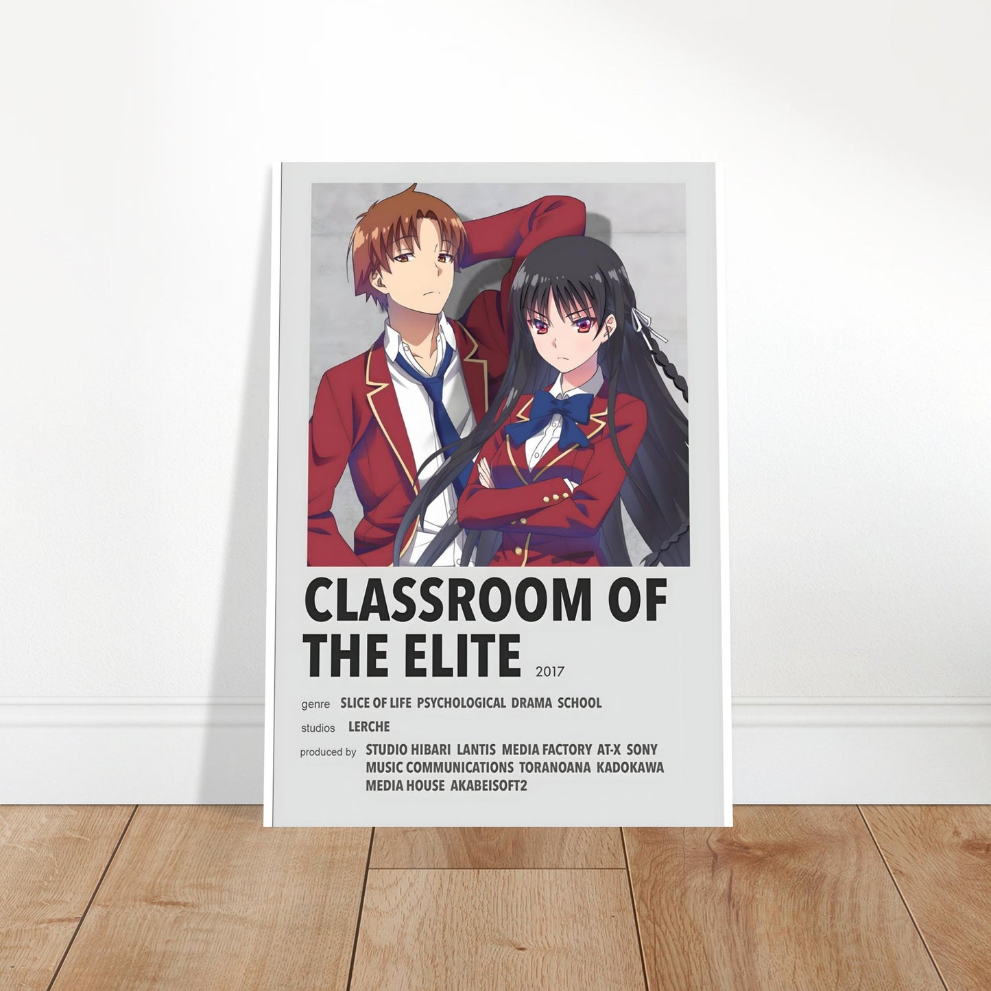 Classroom of the Elite anime poster featuring two characters in red uniforms, minimalistic design and gray background.