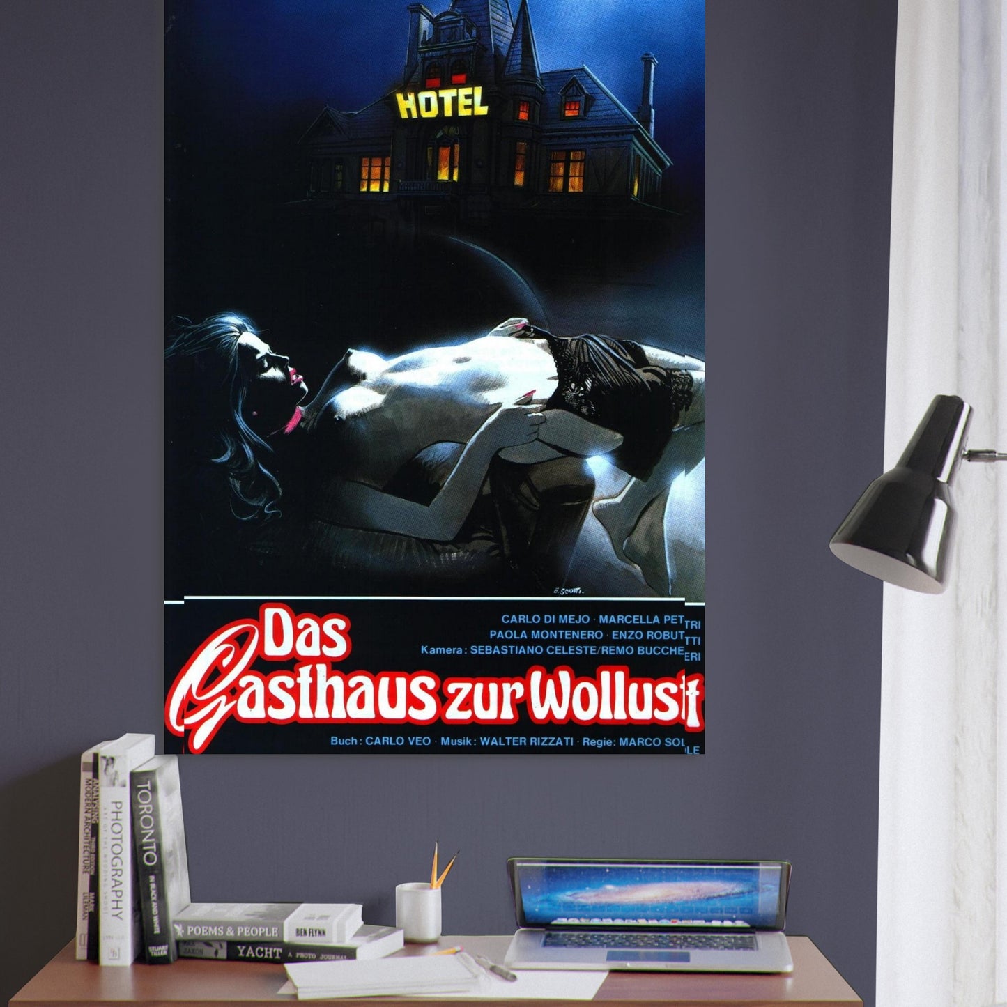 Vintage horror movie poster of a Gothic hotel and eerie scene, perfect for movie and band poster collections.