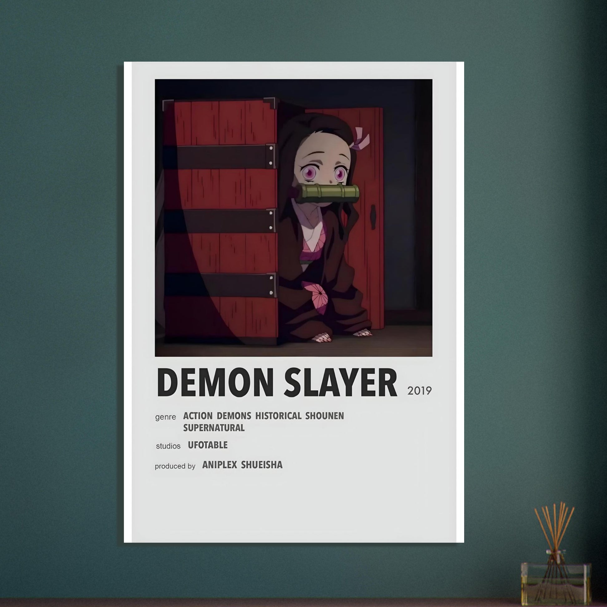 Minimalist Demon Slayer anime poster print showcasing a character in a dramatic design. Perfect for collectors and wall decor.