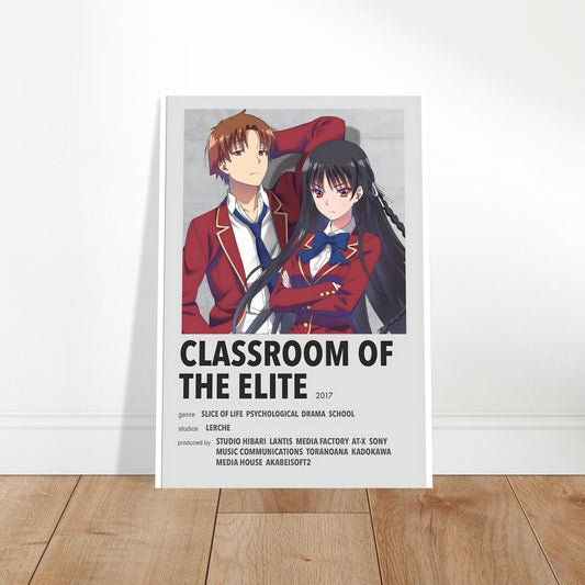 Classroom of the Elite anime poster featuring characters in red uniforms, minimalist design, perfect for anime lovers.