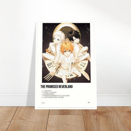 The Promised Neverland anime movie poster art print featuring three characters with a mystical clock and starry sky backdrop.