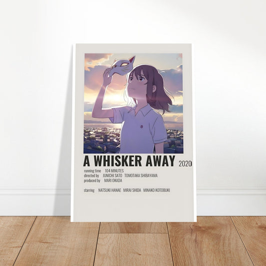 A Whisker Away anime movie poster featuring a girl with a mask, minimalist design perfect for wall art and framed posters.
