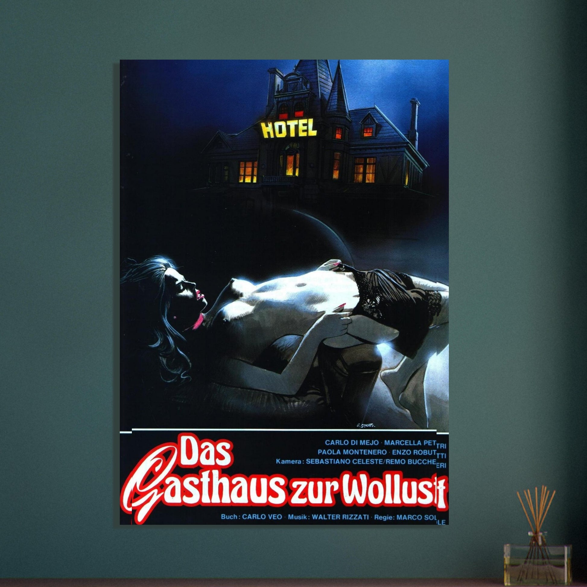 Vintage horror movie poster featuring a Gothic hotel, eerie atmosphere, dark blue night, and dramatic lighting.