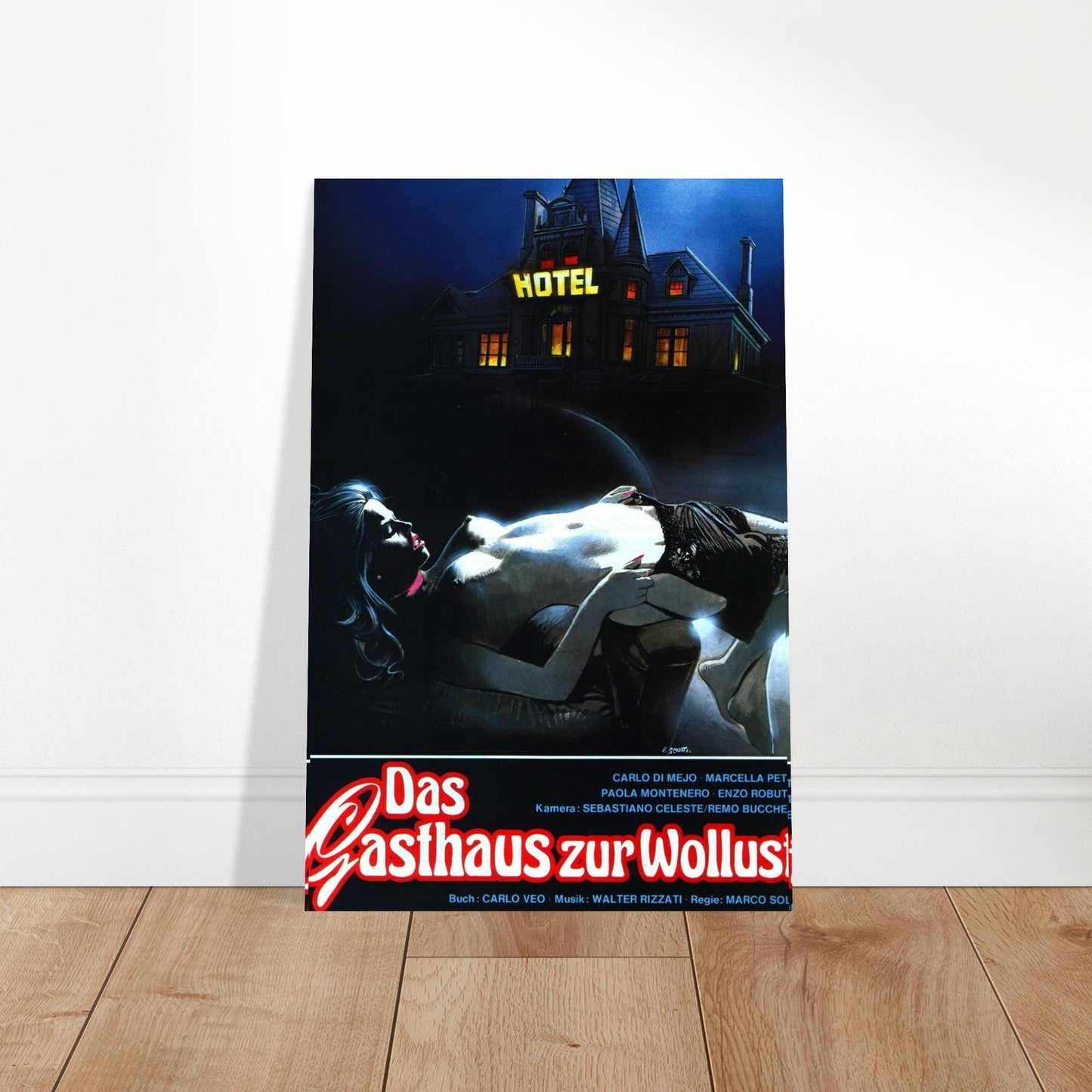 Vintage horror movie poster featuring a Gothic hotel with eerie shadows and dramatic lighting, perfect for classic cinema fans.